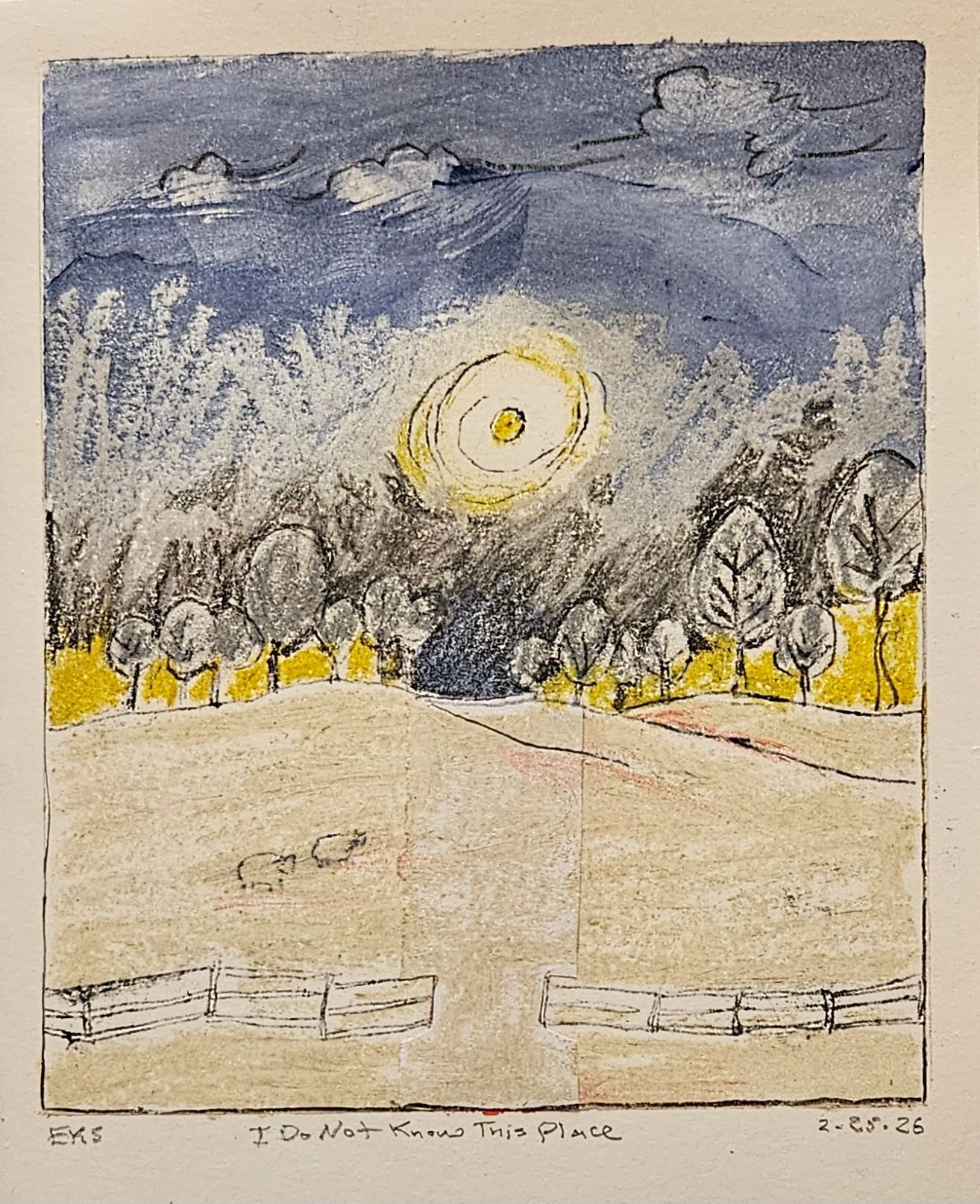 A surreal landscape with a dark sky and yellow sun over a field..