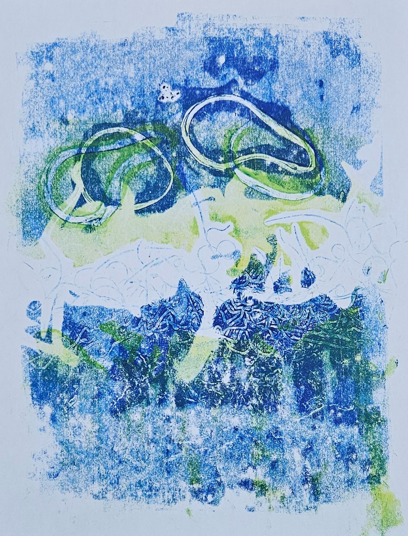 An abstract monotype print in blue and yellow.