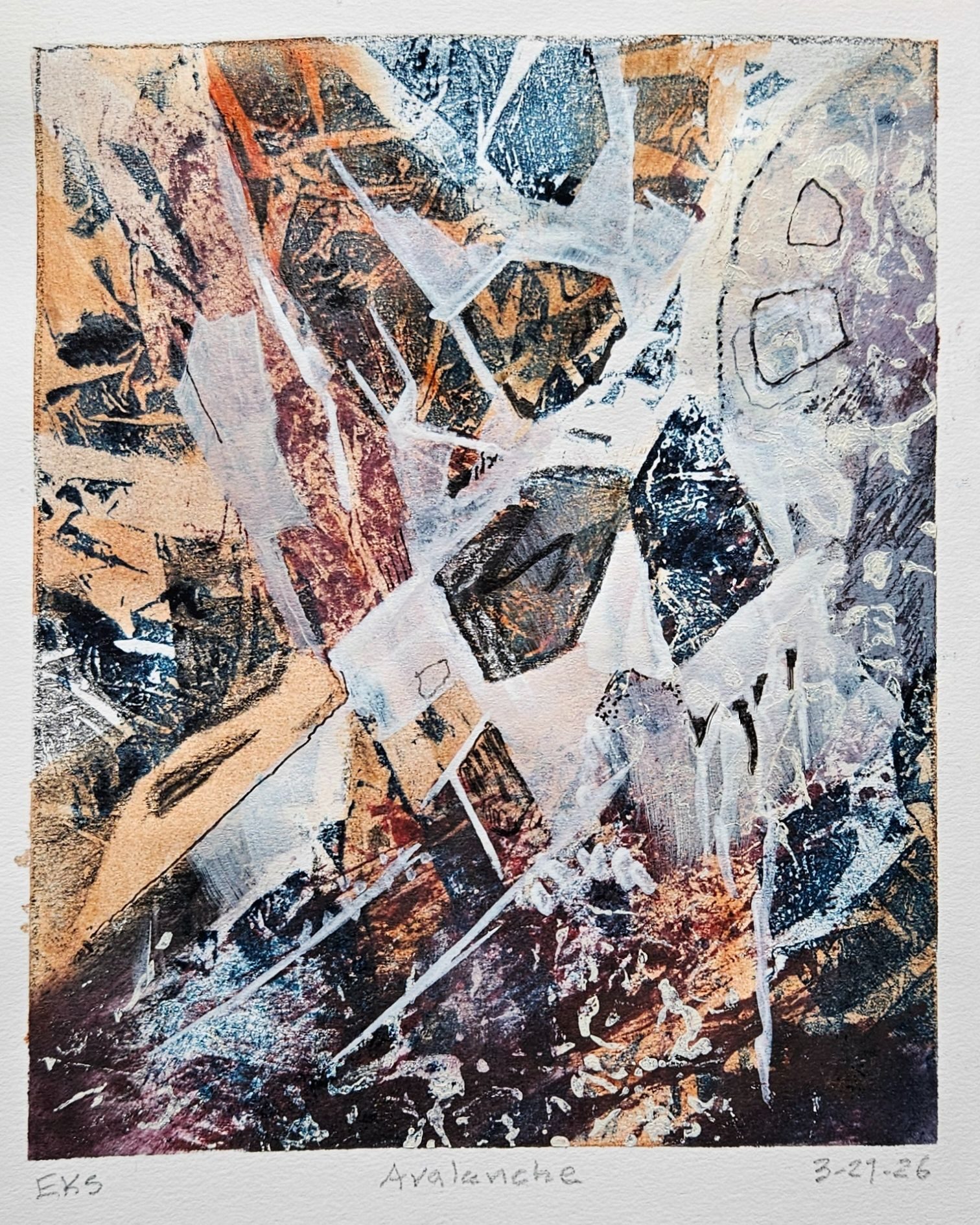 An abstract painting of rocks and fault lines in blues, black and rust.