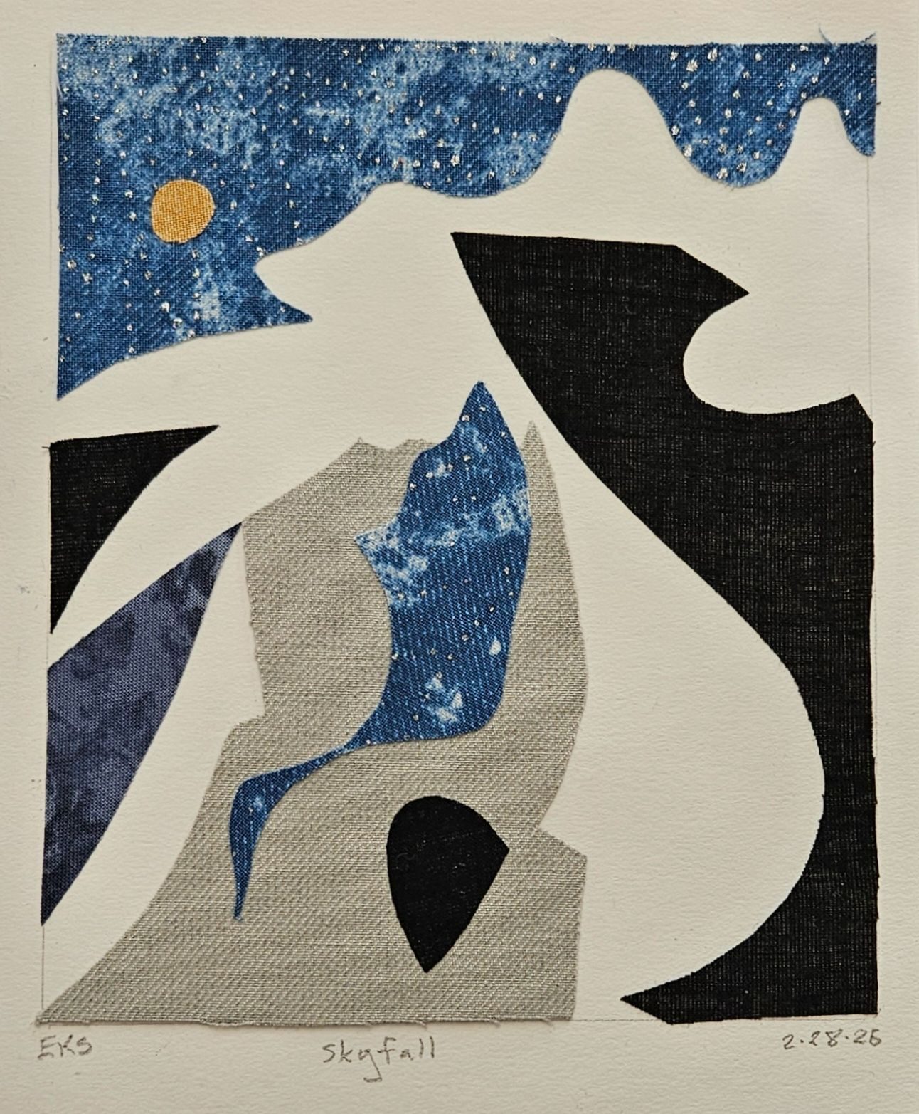 A curvy abstract fabric collage in yellow, black and blue.