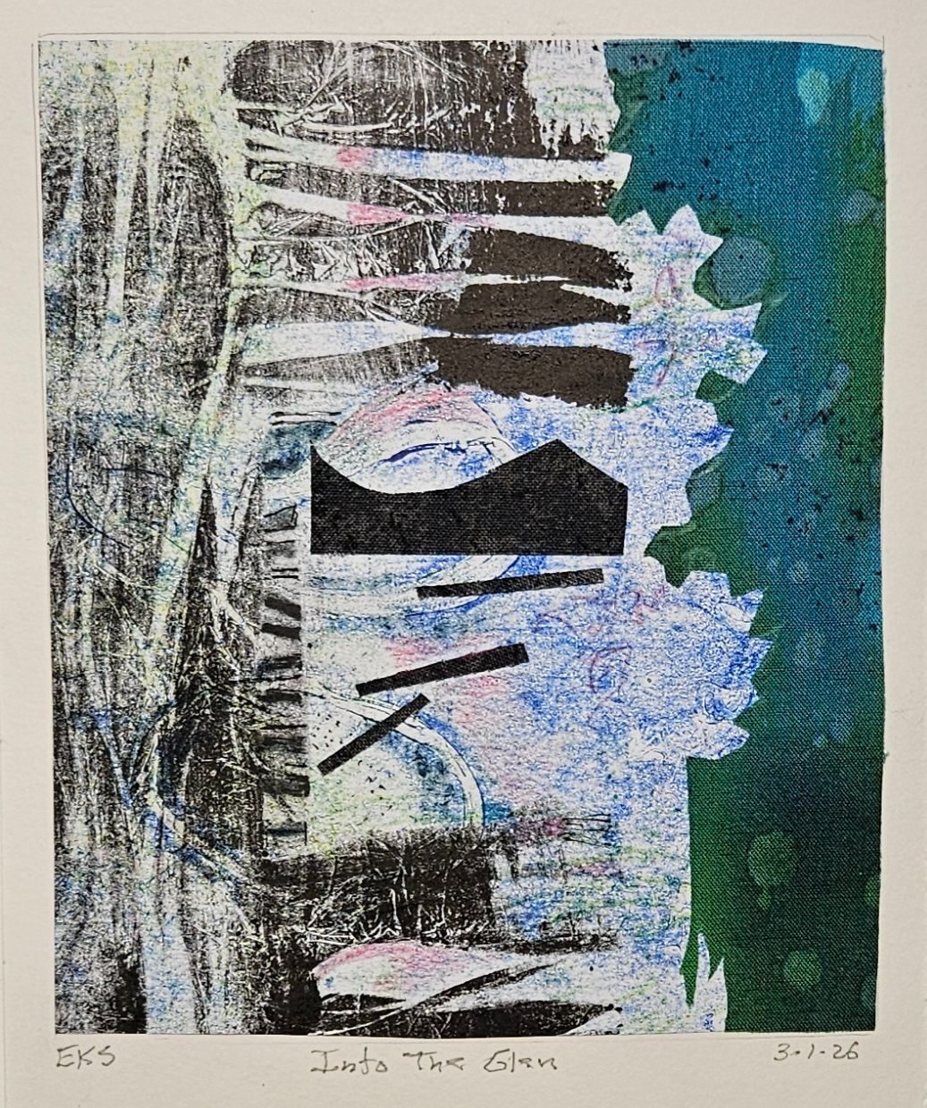 An abstract collage in black, blue green and pink.