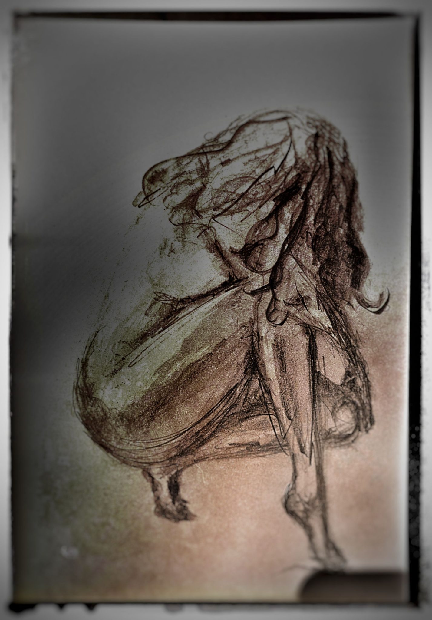 Sketch of woman sitting head down