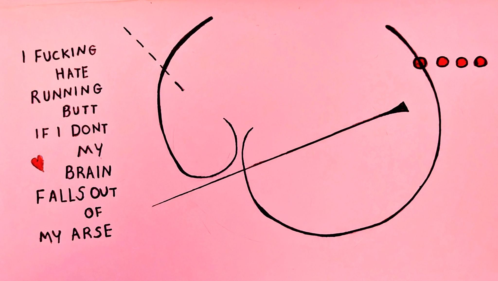 A black line drawing takes up two thirds of the page. It is an abstract doodle of my own arse. There's a broken line through the butt to the left. A row of red dots off to the right. A long pin runs through the right button cheek. To the left in blocky capitals it reads 