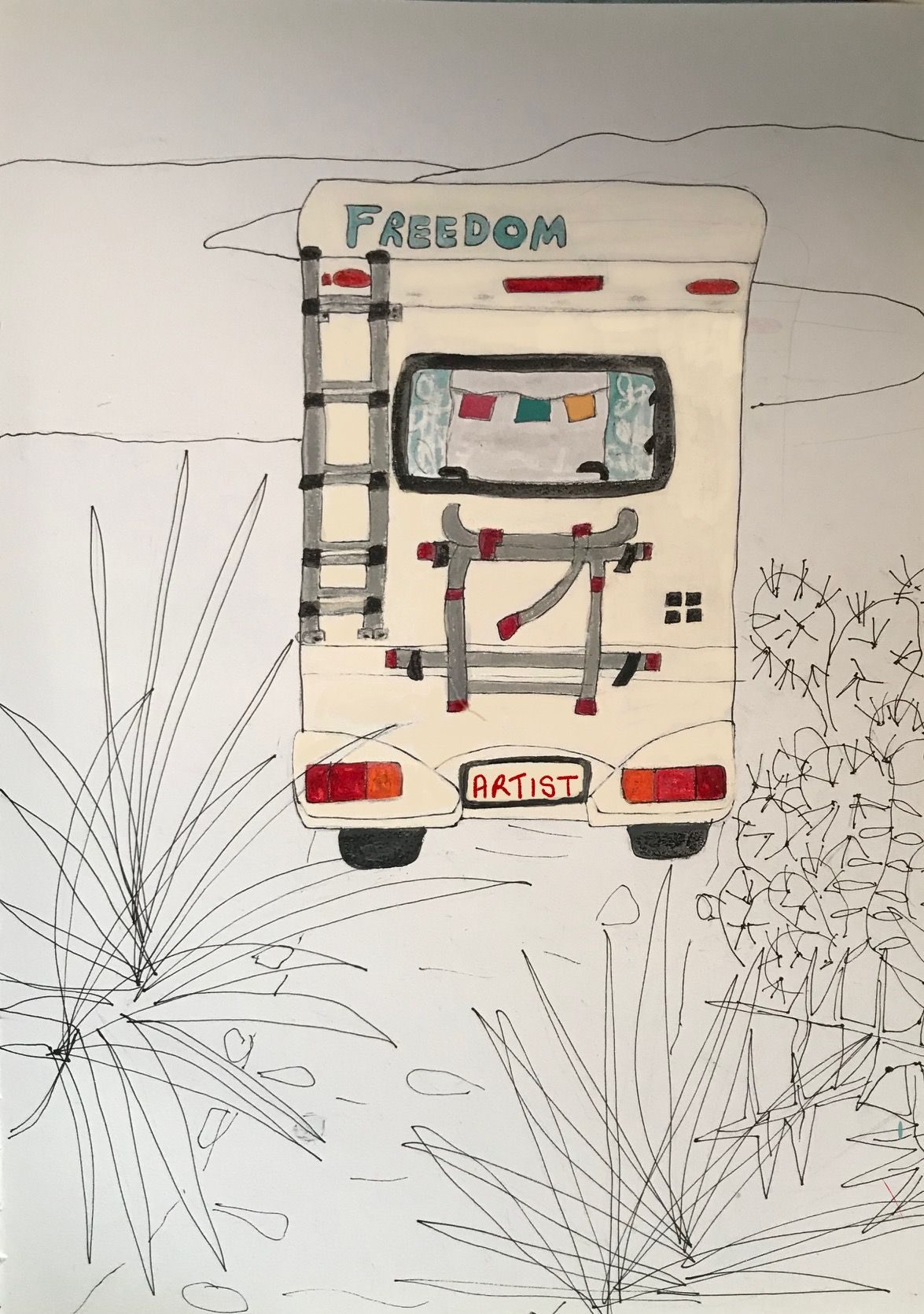 Small sketch, partially painted of Artists home on wheels, with Artist as the numberplate and Freedom on the top.