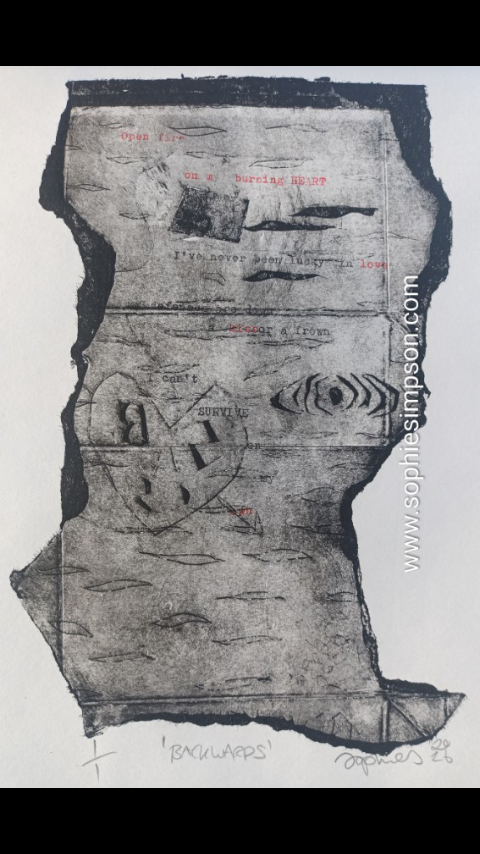 Tetrapak drypoint print with typewriter text written over it.