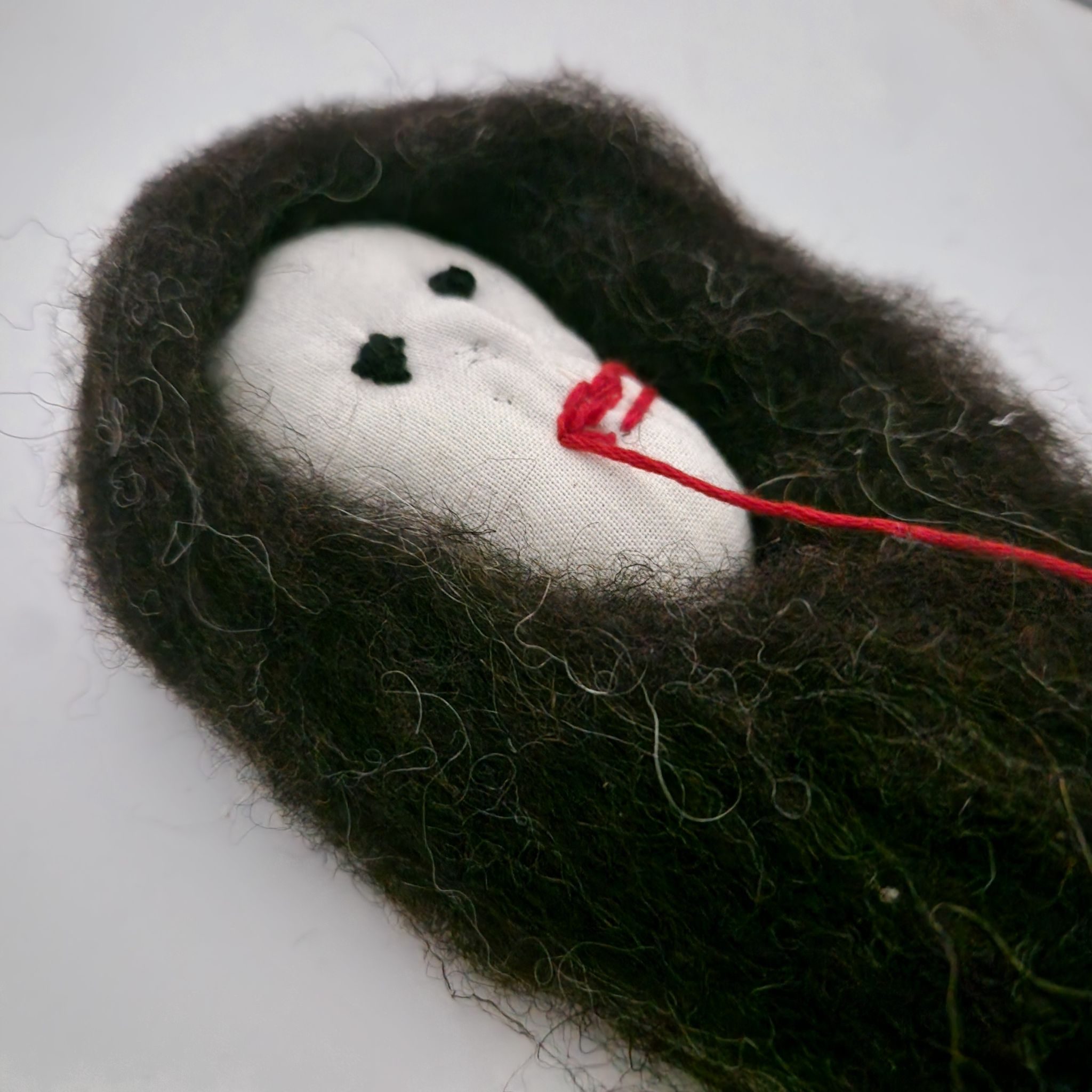Pale cloth doll with black eyes and thick brown hair. We see just her head in a laying down position. Her red lips are partly sewn and a long thread hangs from them.