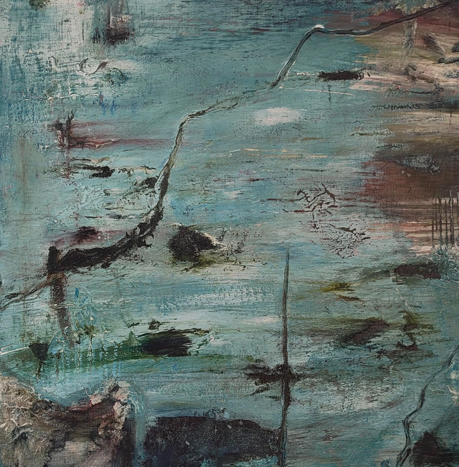Teal abstract mysterious layered mixed media painting.