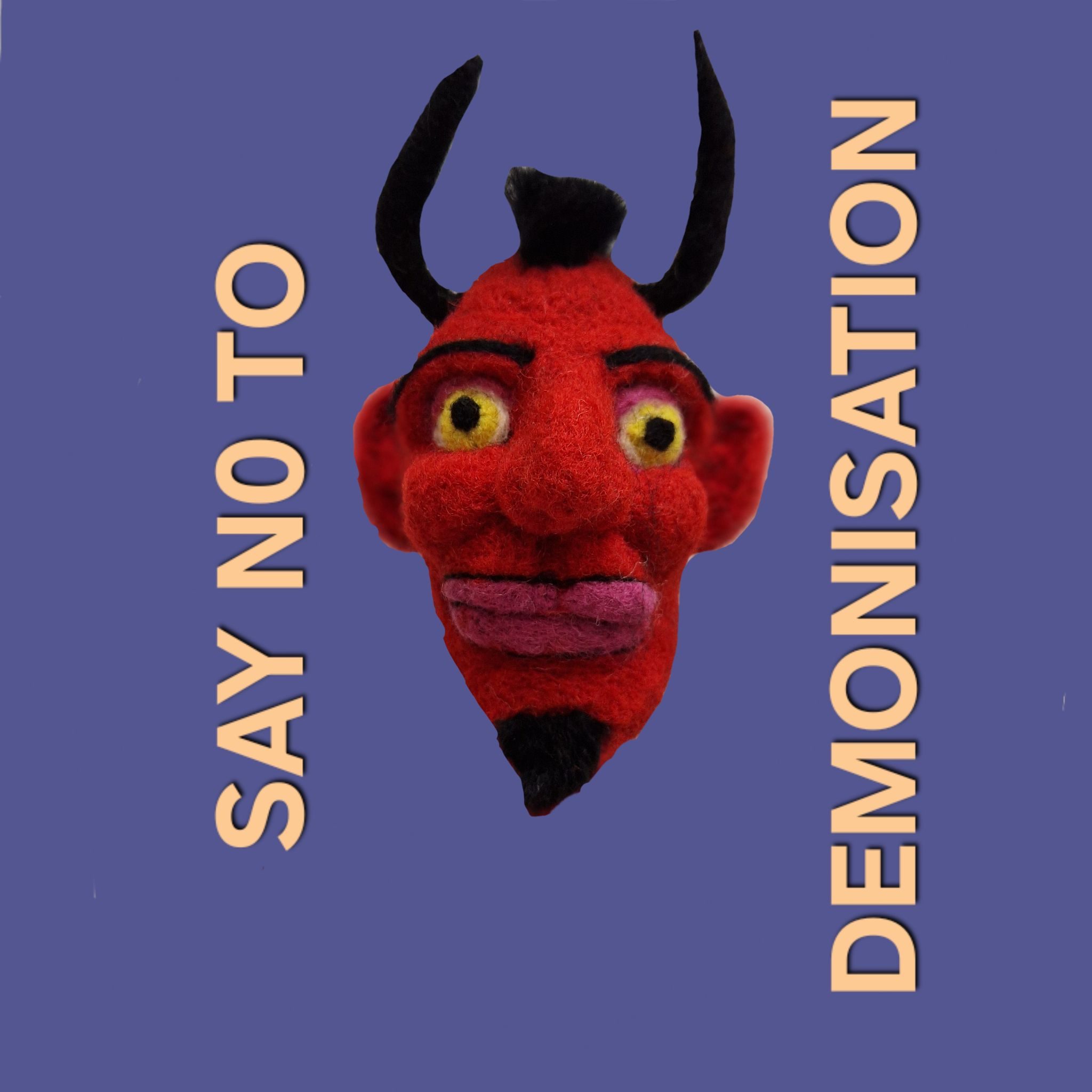 Red devil head ona dark purplish blue background with the title text in orange on either side of the head