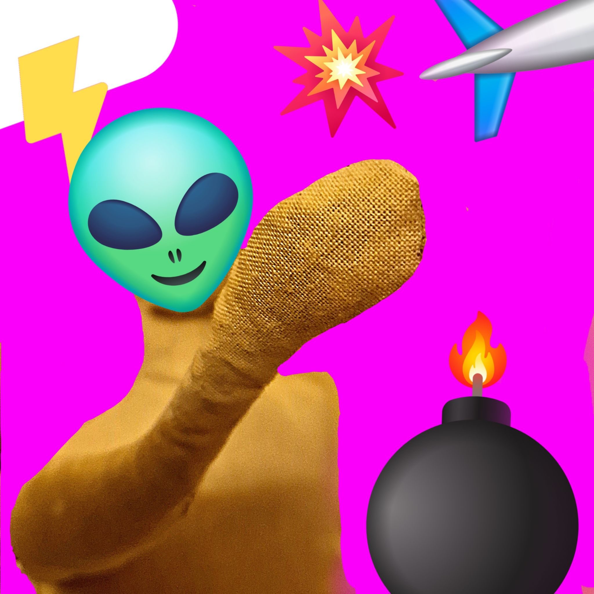 Cloth doll with alien head against bright pink background. Its arm jesture upwards. Behind it is a thunder cloud. An aeroplane exits in the top right and there is a cartoon bomb already lit in the bottom right.