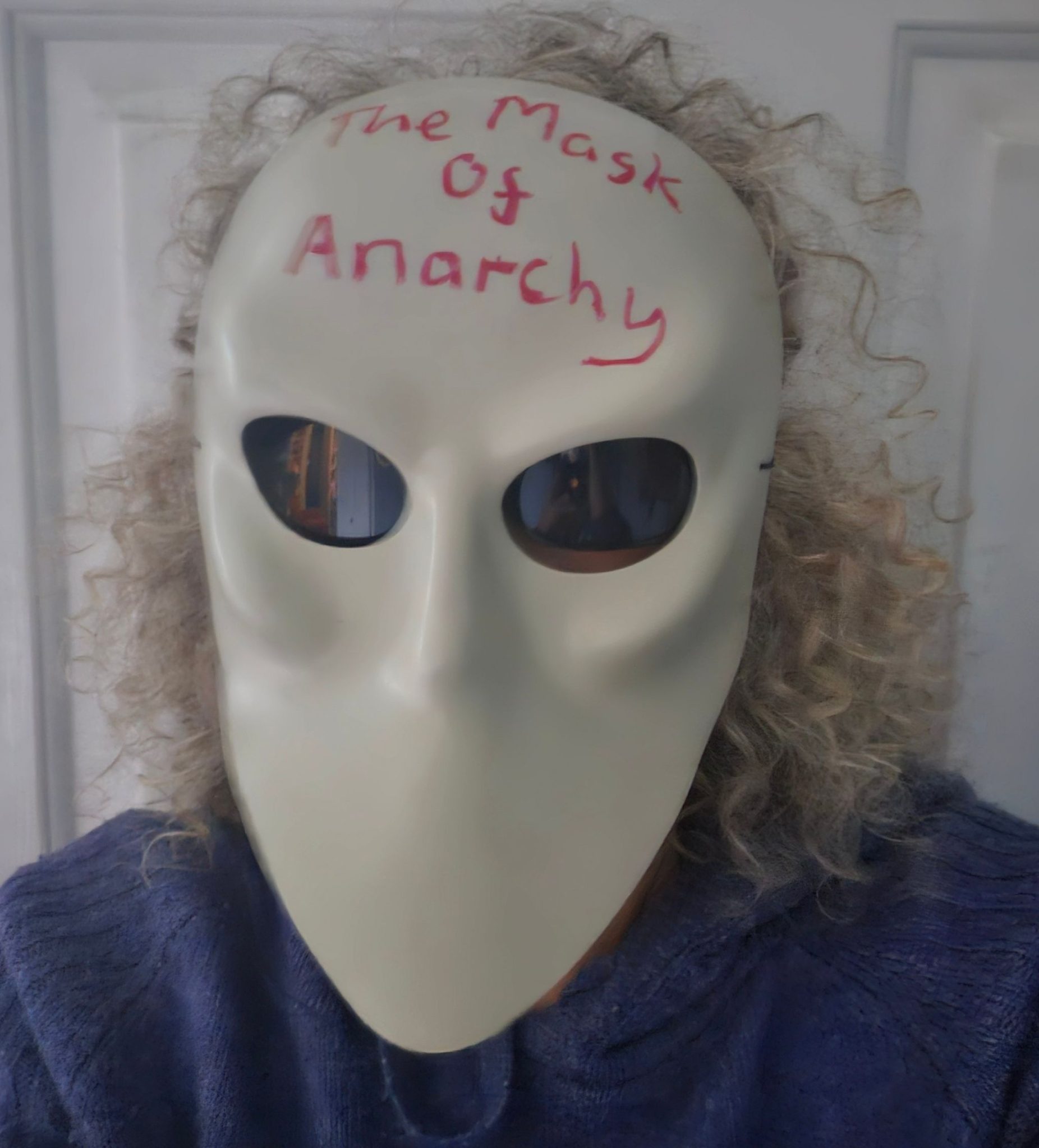 A photo of someone in a plain mask that has Mask of anarchy written in red on it