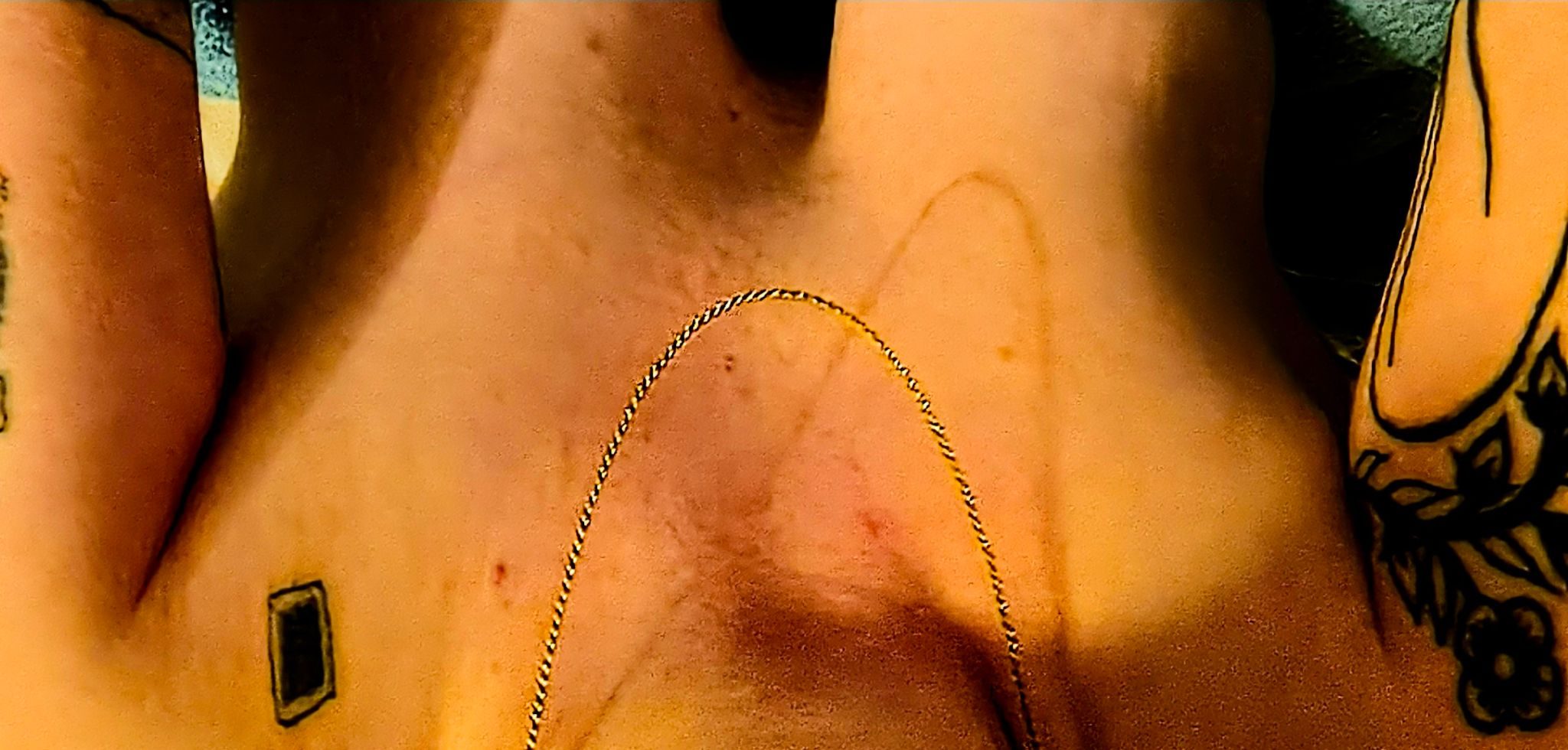 An image of a chest upside down with a gold necklace and a shadow behind it in an m shape