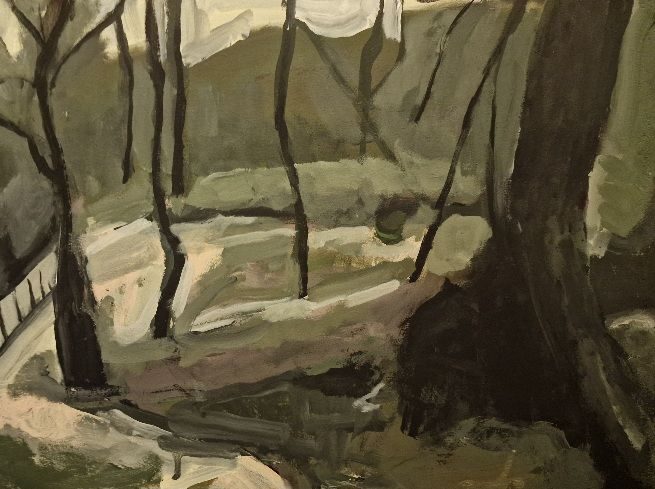Early stage tonal painting of a forest in shades of grey. Acrylic paint on board.