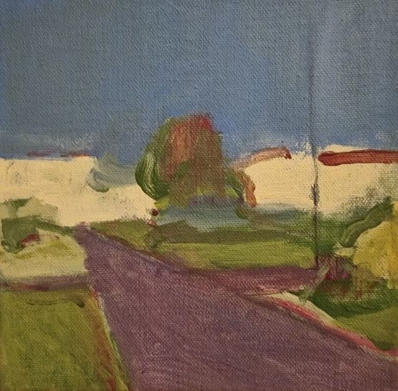 Painting of a path leading through and out of a park, with buildings in the distance. WIP.