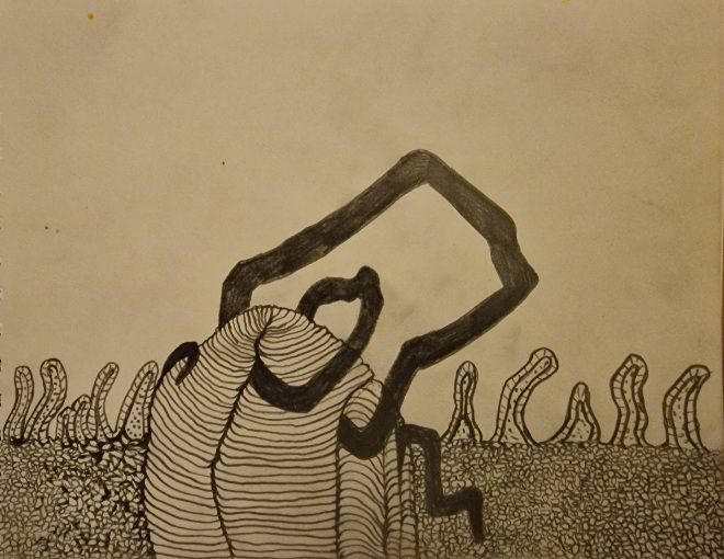 Abstract pencil drawing of growing shapes in the style of Paula Troxler.