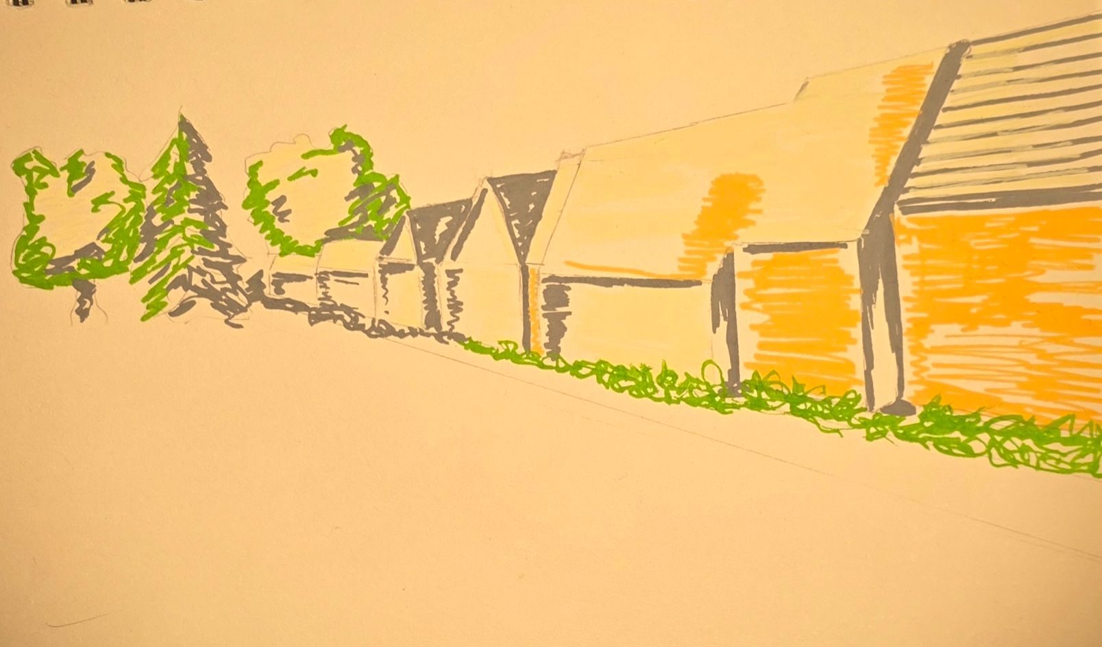 Perspective drawing of new houses using limited palette of ivory, grey, pale orange and green watercolour markers
