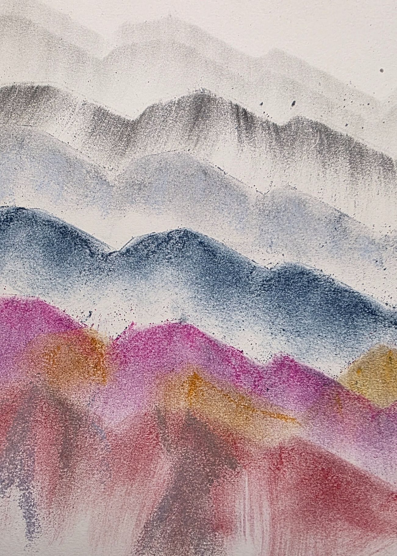 Exploration of a roofline - graphite and coloured pastel rubbed over the edges of a card template to create a repeating pattern