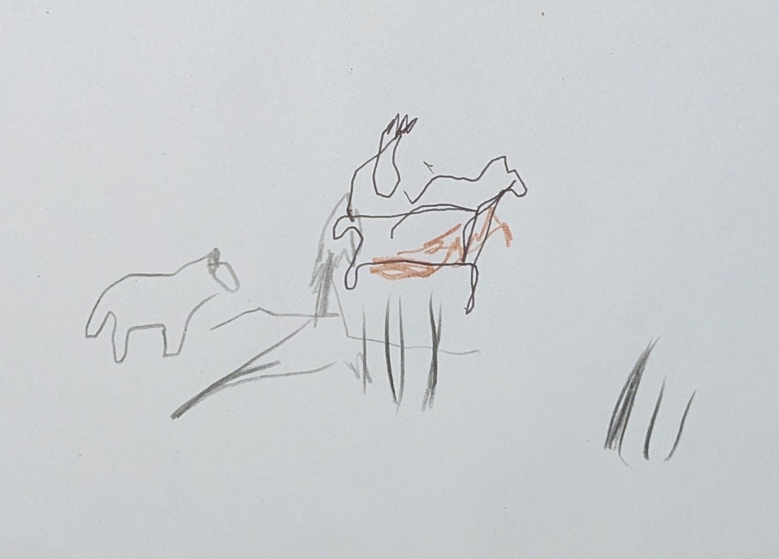A blindfold sketch of two horses in a forest.