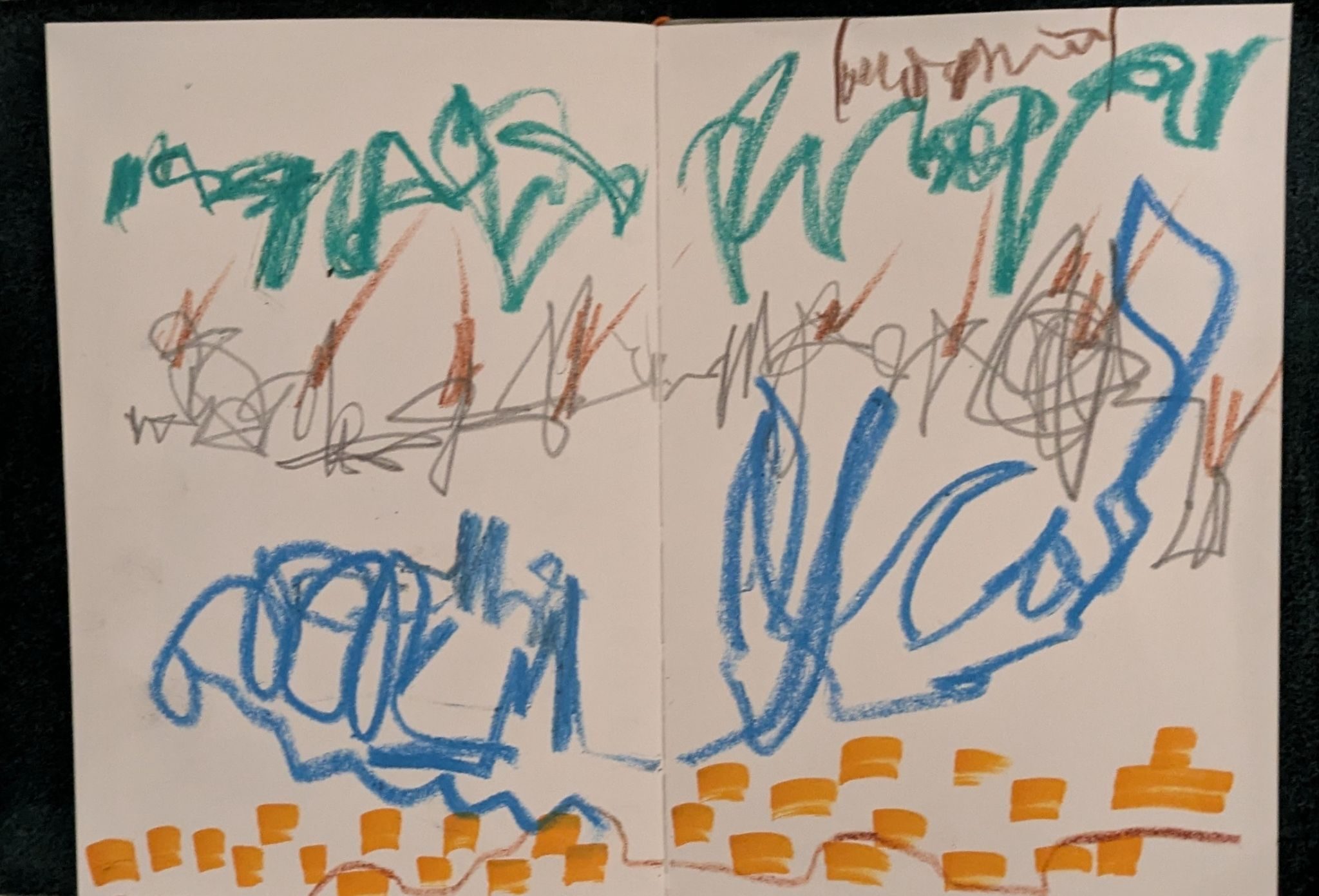 I made these marks whilst listening to a track randomly selected from my 'liked songs' - I'm so excited by Pointer Sisters. The marks are abstract in nature and in blue, turquoise, orange and pencil marks. Each section of 'squiggle'is in response to a layer of the song.