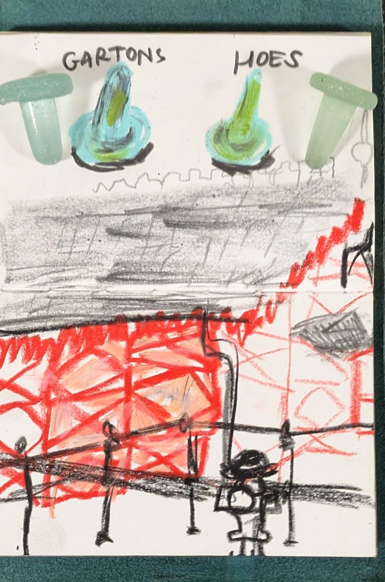 A sketch of a part of a Pier at Saltburn By The Sea and two glass bottle stoppers I found while beachcombing.