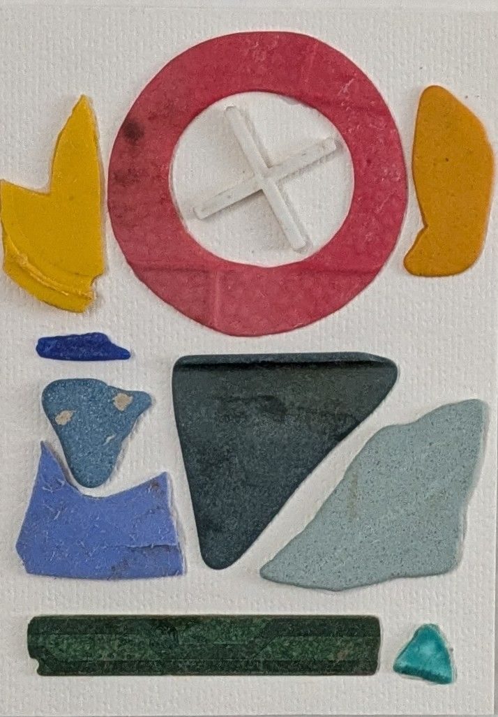 I pick up bits of plastic from the beach and make collages from the scraps.