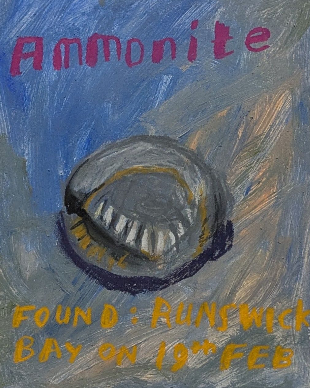 A wax pastel drawing of an ammonite I found today during my walk to Runswick Bay