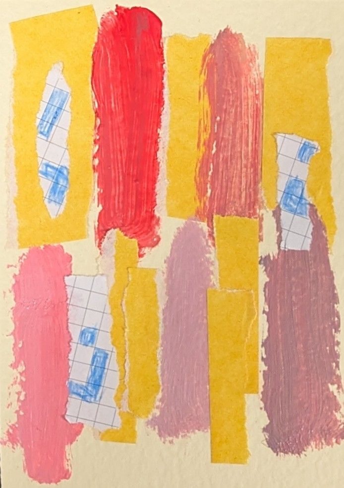 A collage with yellow and squared paper mixed with passages of acrylic paint