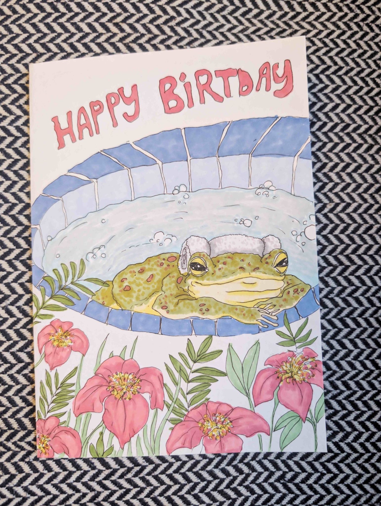 I made a birthday card for my friend, on it a road soaks in onsen. Coloured with markers