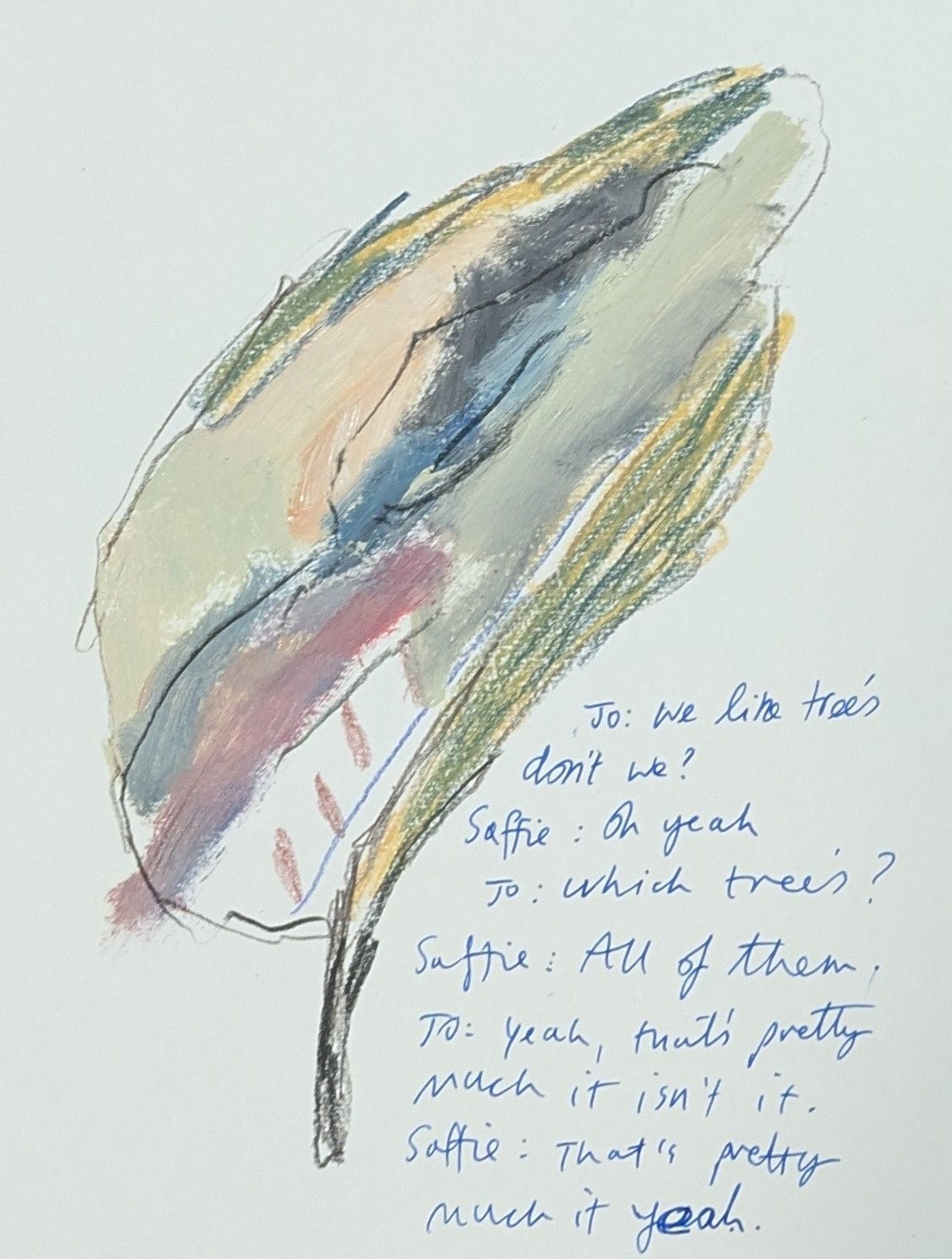 Acrylic and coloured pencil sketch of an abstract tree with one line being made by my partner and a short conversation about trees.