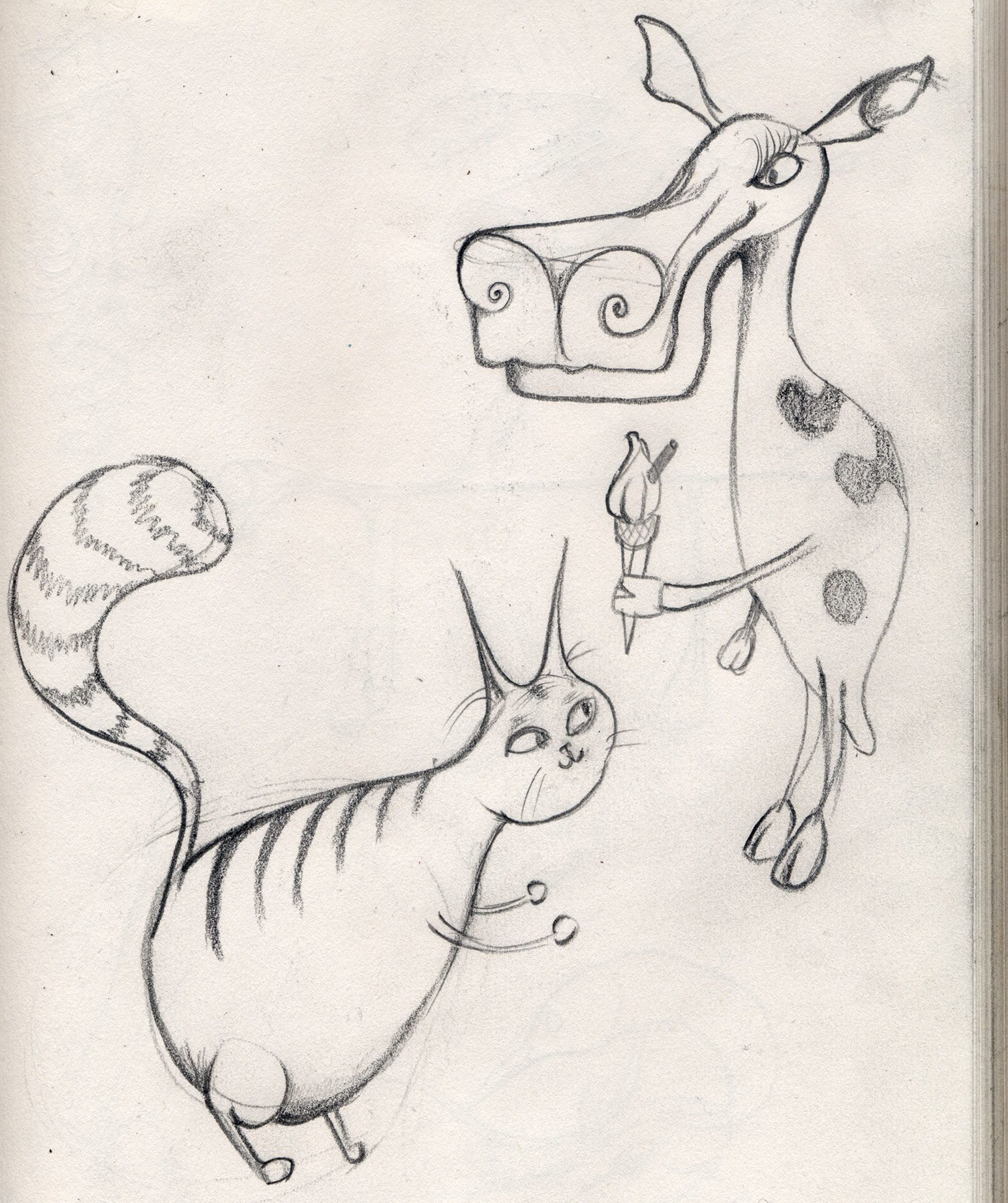 A drawing of a cow giving I've cream to a cat