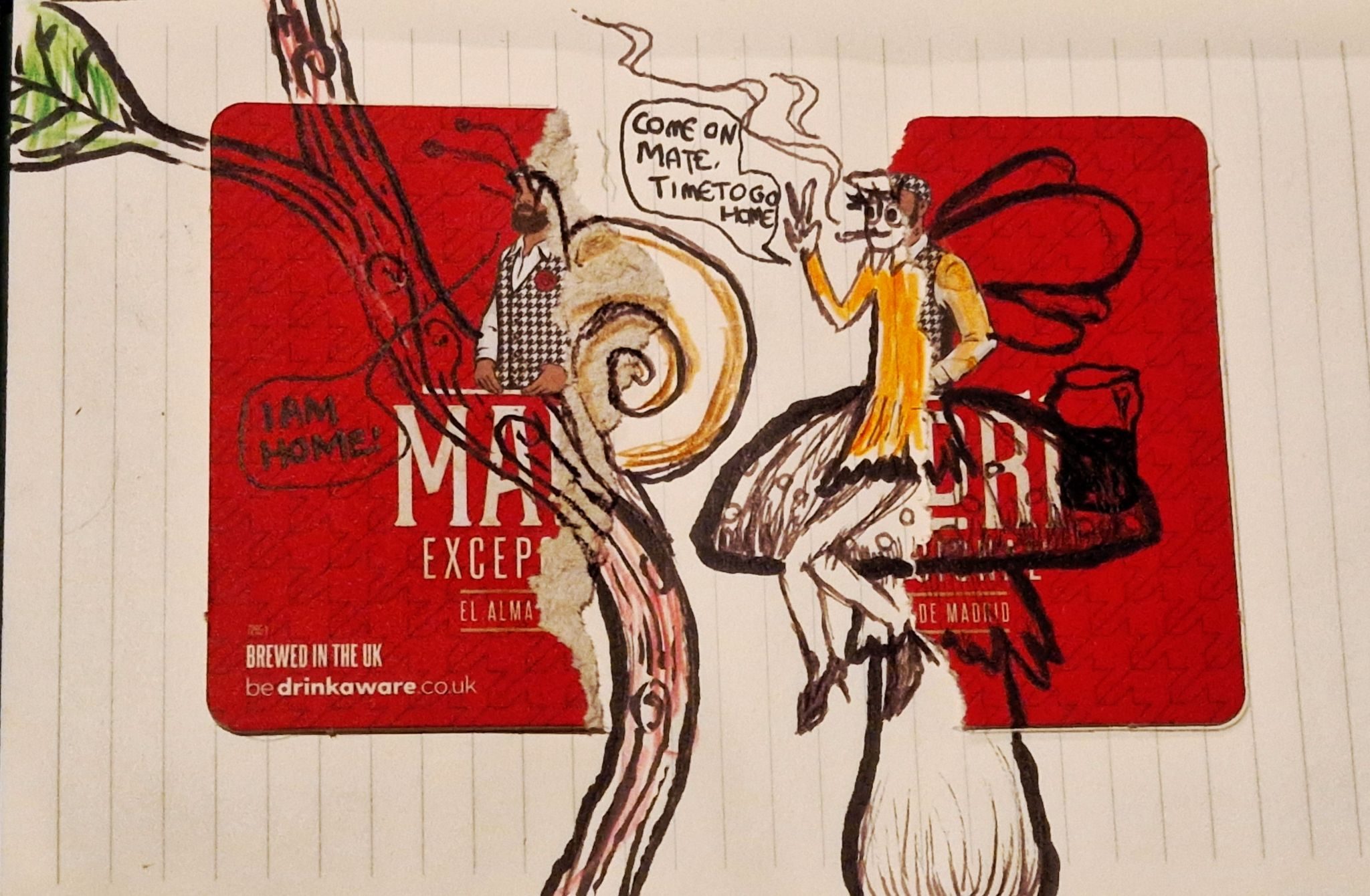 A madri beer mat split in half. The man on the mat has been split, on the left he has been completed as a snail and on the right as a smoking fairy upon a toadstool. The speech bubble from the fairy says 