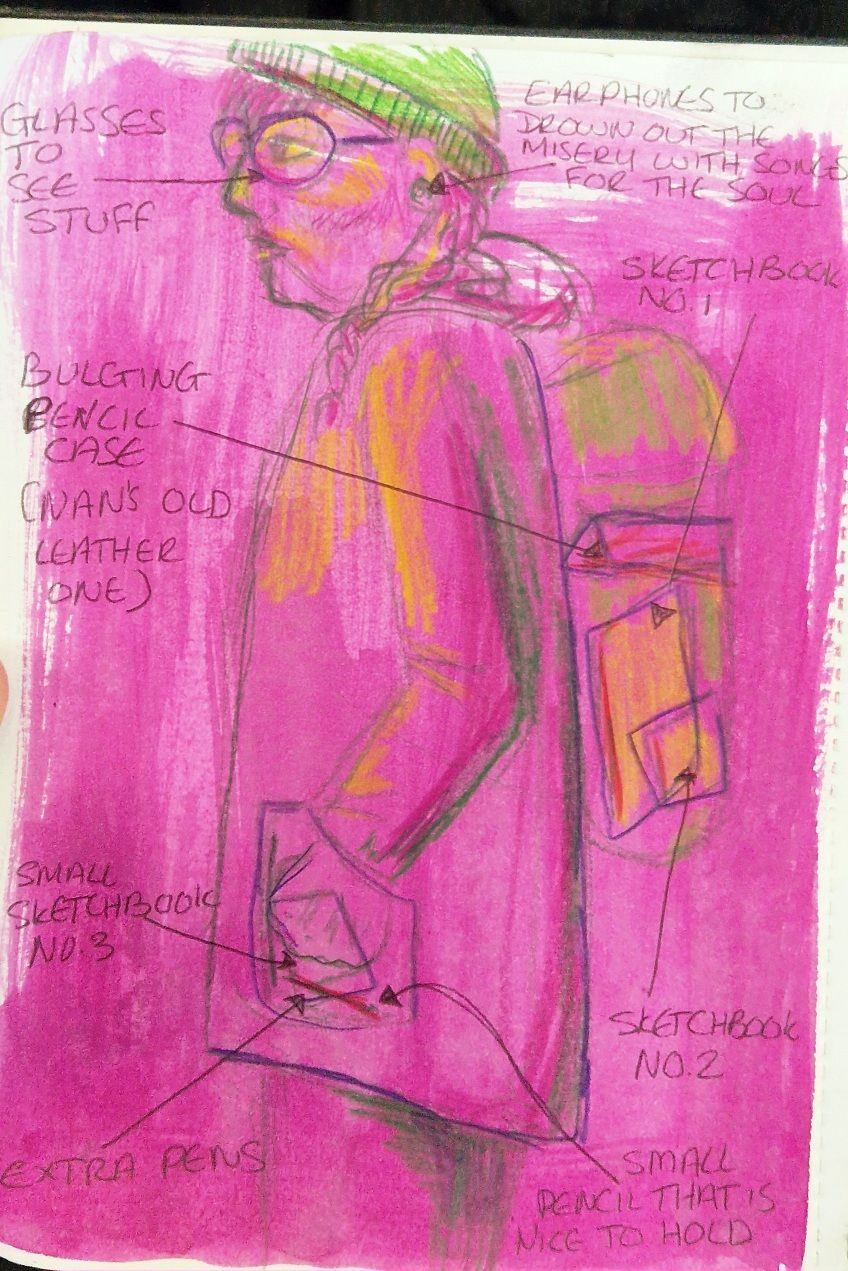 A portrait on pink of a girl with a backpack. Annotated with arrows detailing art materials on her person