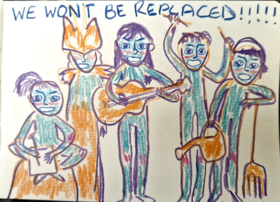 A pencil drawing of a group of artists and crafts people holding their tools with rhe words 