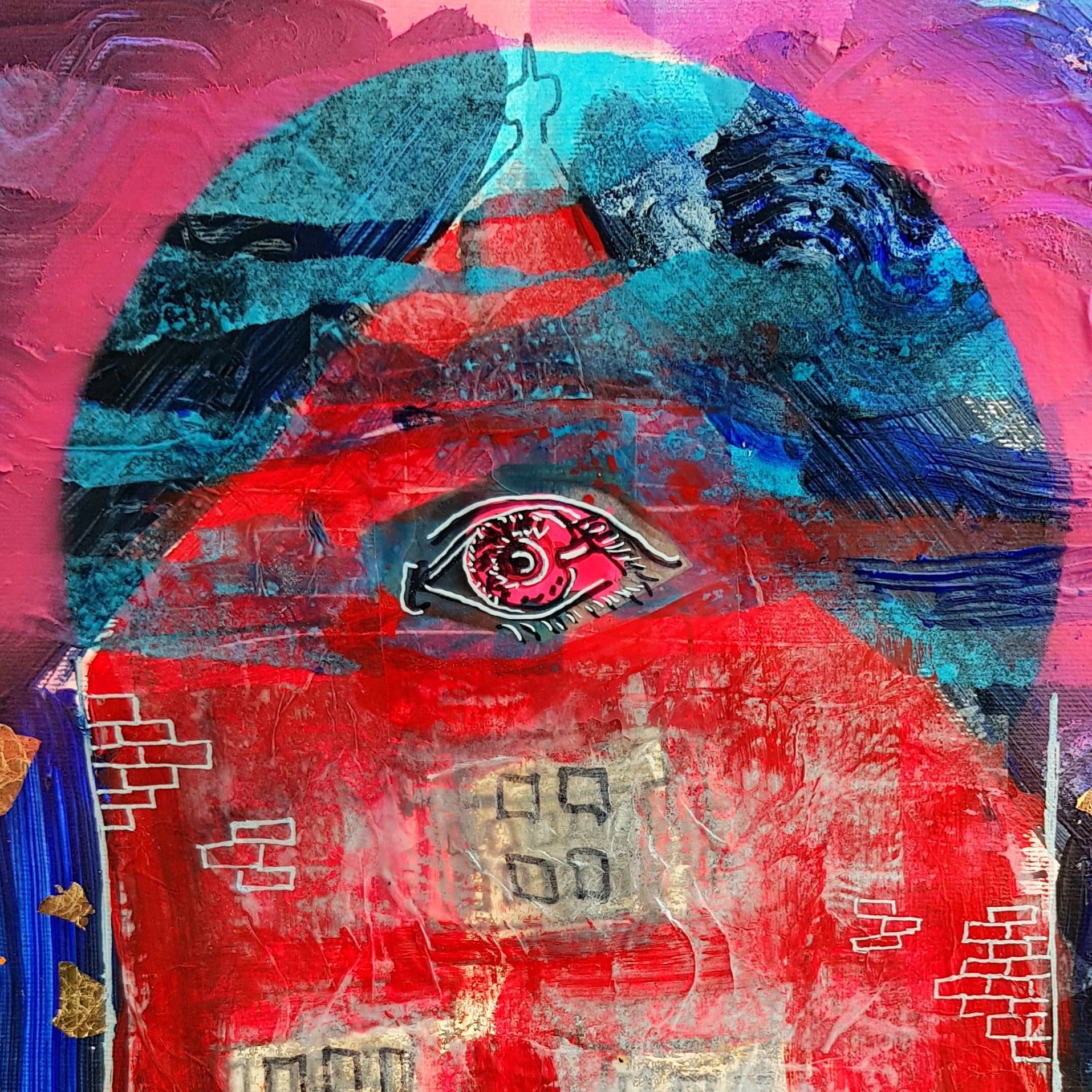 Collage and paint abstract of a red house on a blue background with an eye in the roof with white and black outline of windows, house, eye etc