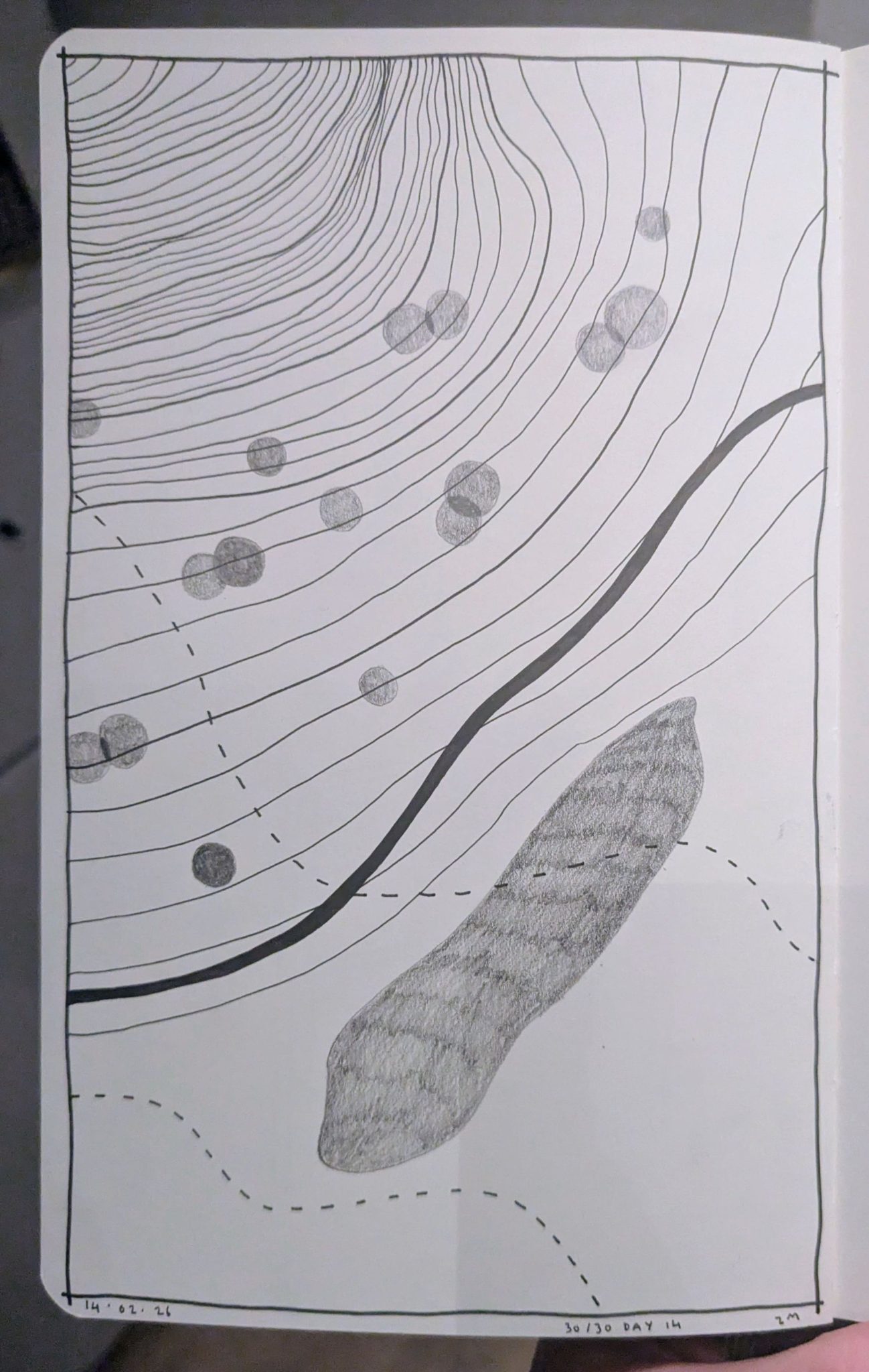 Photograph of a sketchbook page showing an abstract pen and pencil drawing