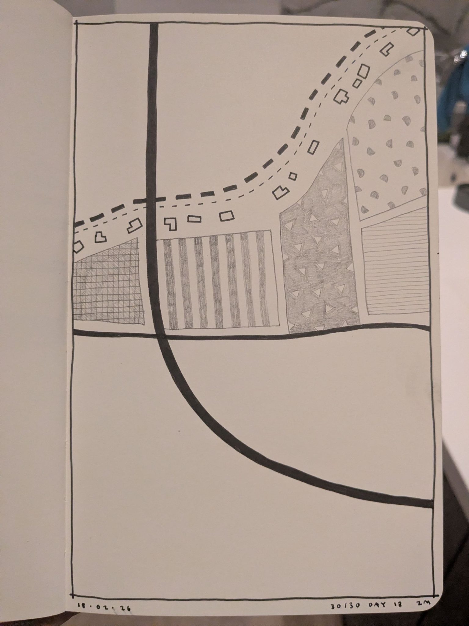 Photograph of a sketchbook page showing a pen and pencil abstract sketch