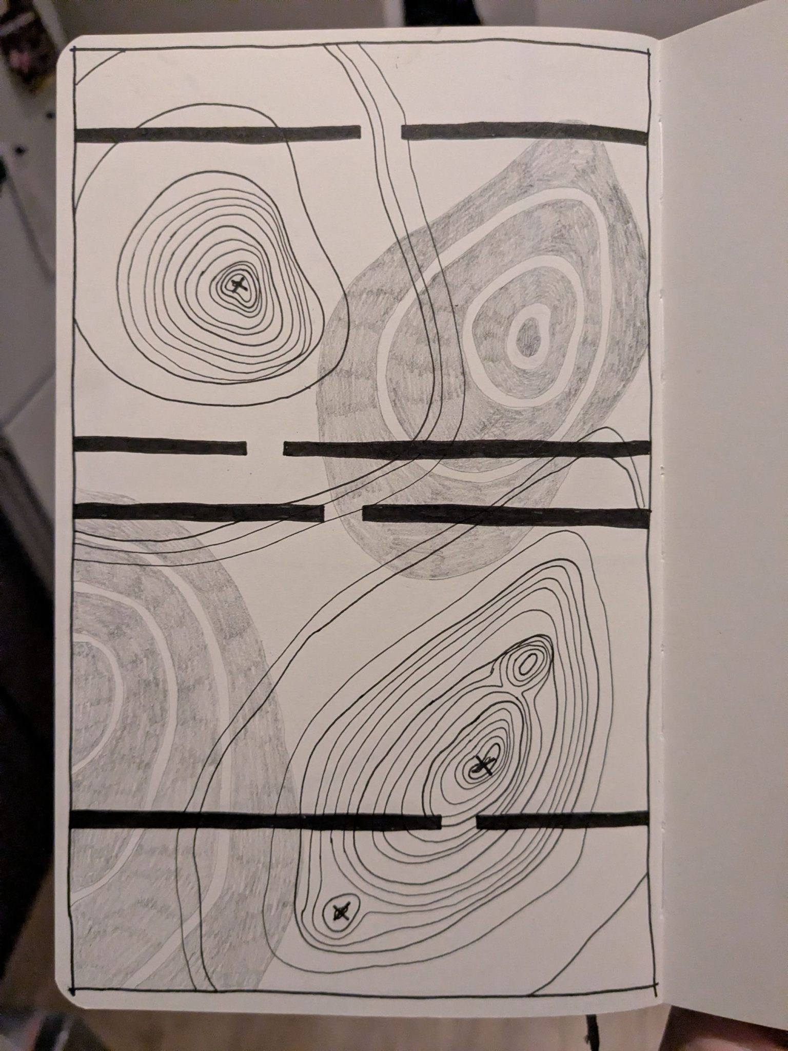 Photograph of a sketchbook page showing an abstract pen and pencil drawing
