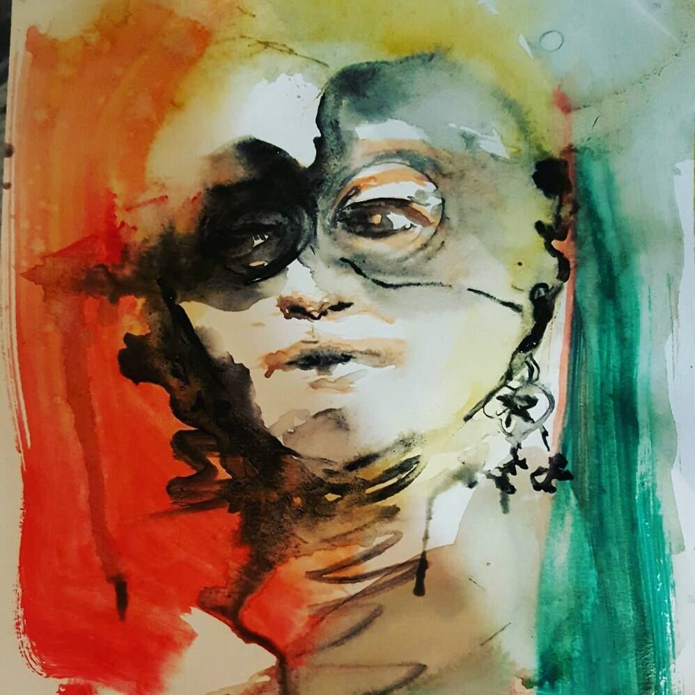 Water colour painting in green and red plus black in face of a girl with forlorn and lost expressions