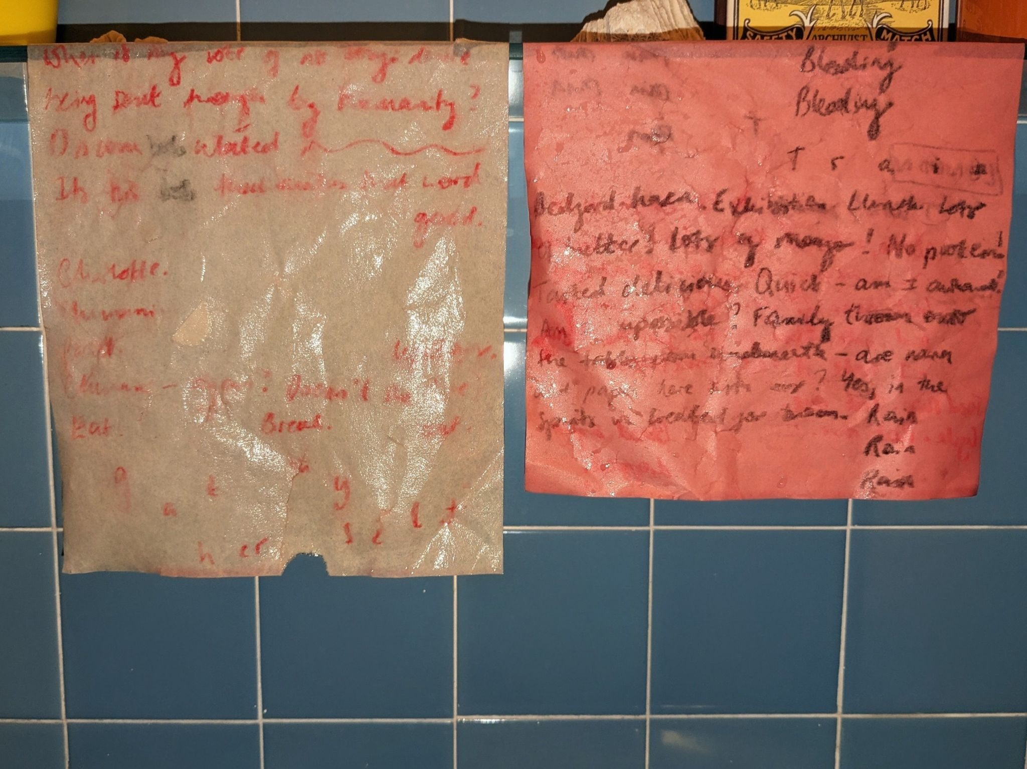 Two wet pieces of paper hang on a glass shelf in front of blue bathroom tiles. One piece of paper is slightly smaller than A4, cream, and has blurry red writing on. The other piece of paper is pink and has red and black blurry writing on.