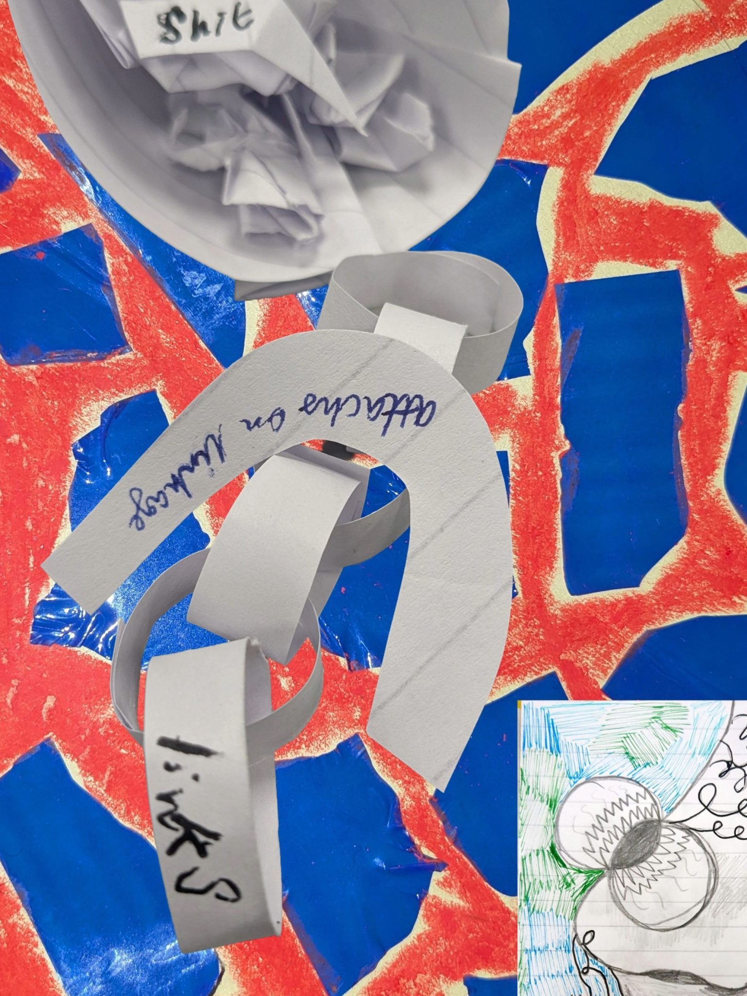 Collaged imaged featuring a background of mosaic blue tape on red oil pastel on paper. A zoomed in image of an abstract white paper sculpture sits on top with a drawing in the corner.