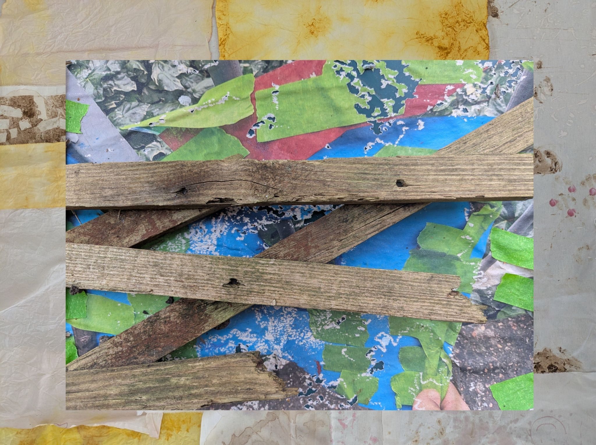 A photo showing several weathered wooden slats laid across a colorful, peeling painted surface with bits of green tape and worn textures visible underneath.