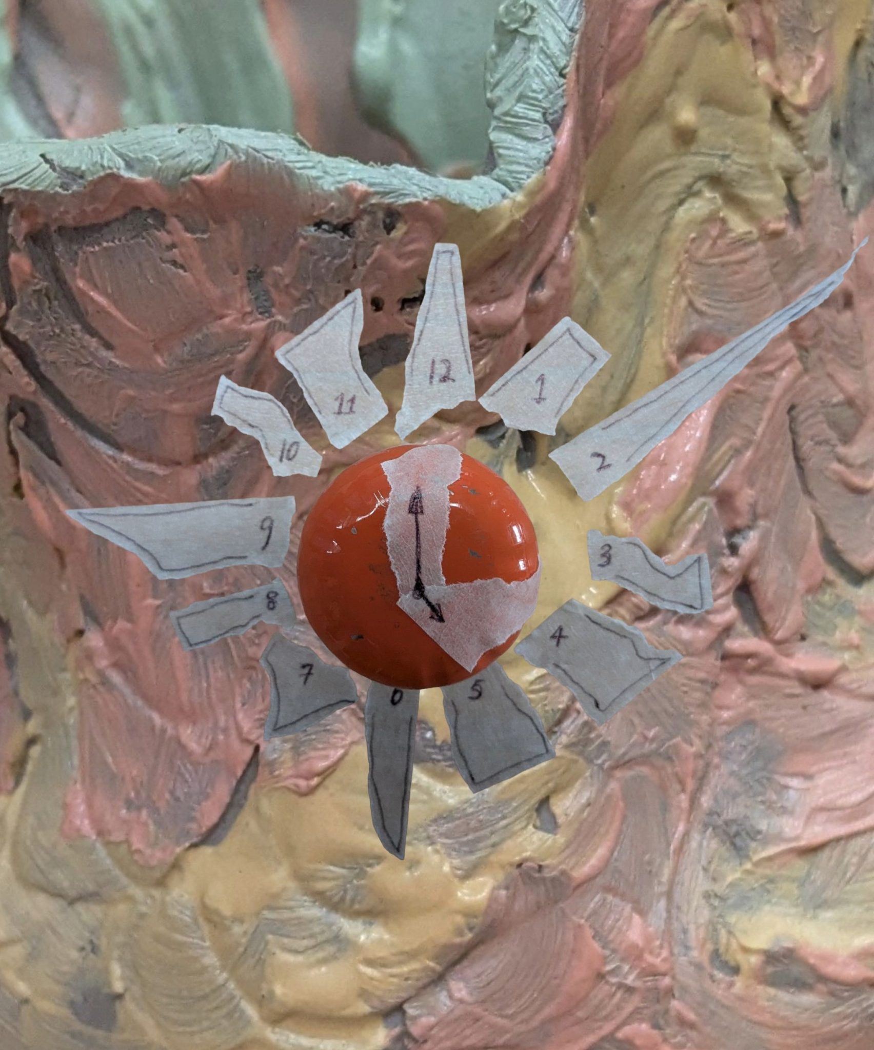 An image of a clock made from an orange water bottle top as the centre and numbers written on strips of masking tape. The image has been cut out and sits against a zoomed in photo of some coloured slip clay.
