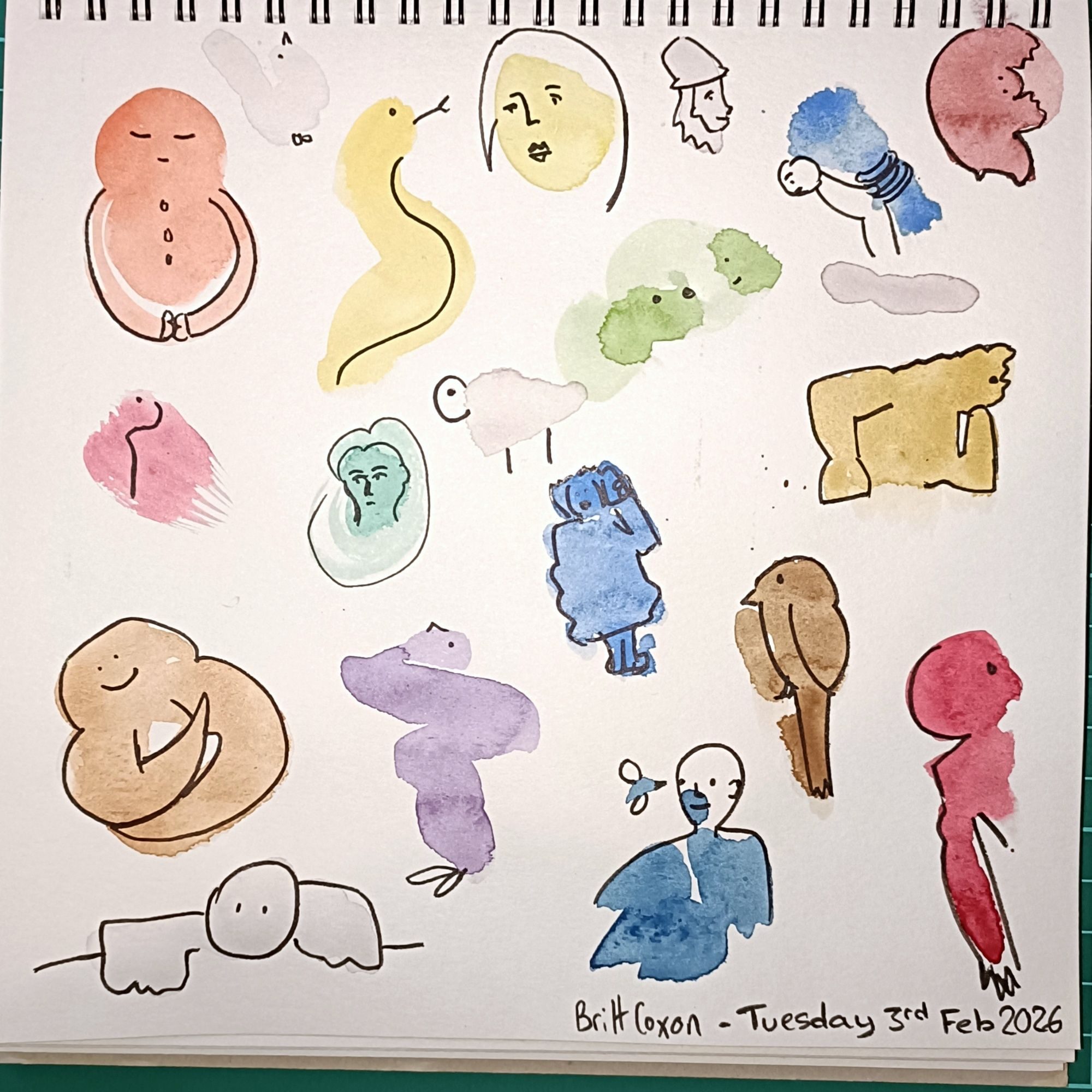 colourful watercolour squiggles with added inks to create little creatures and characters