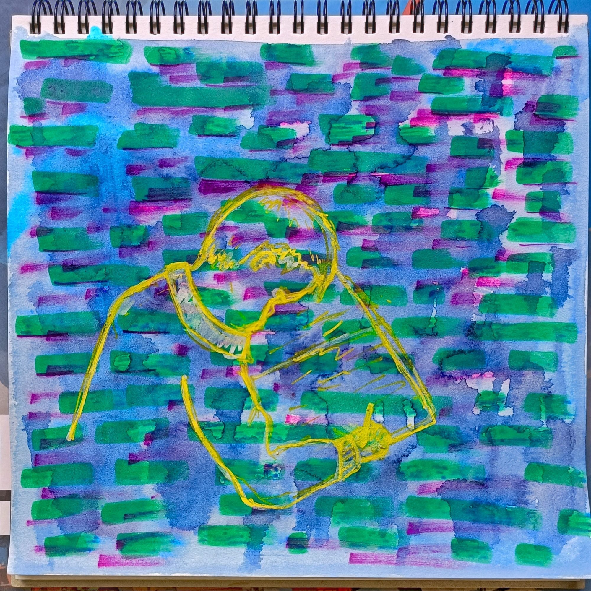 A yellow lined illustration of a child drawing on a background of mark making.