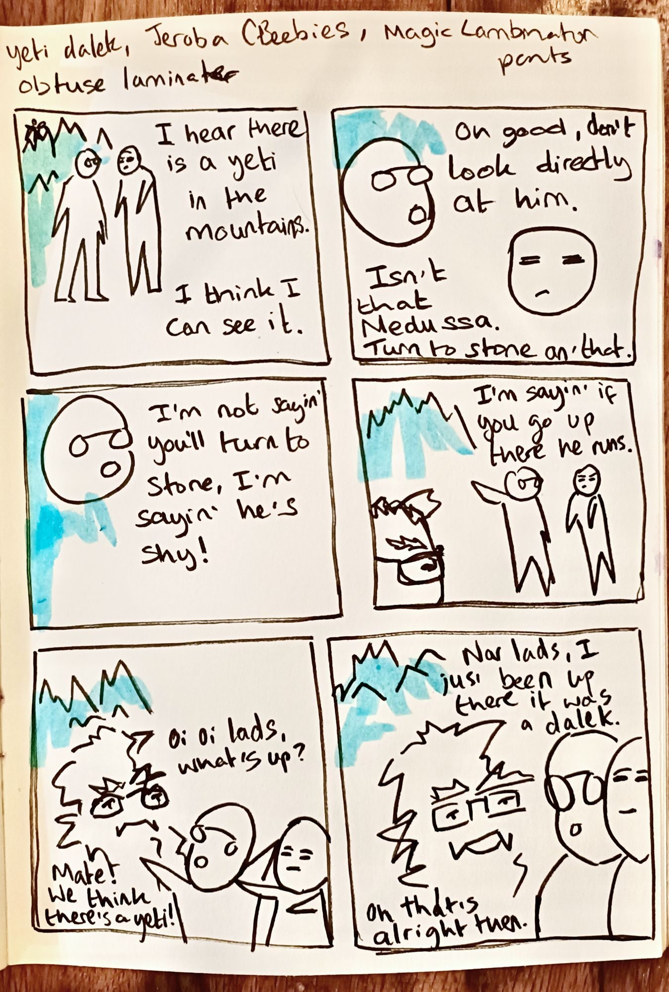 a comic drawn in 24 minutes featuring a yeti and two unsuspecting blokes out for a walk