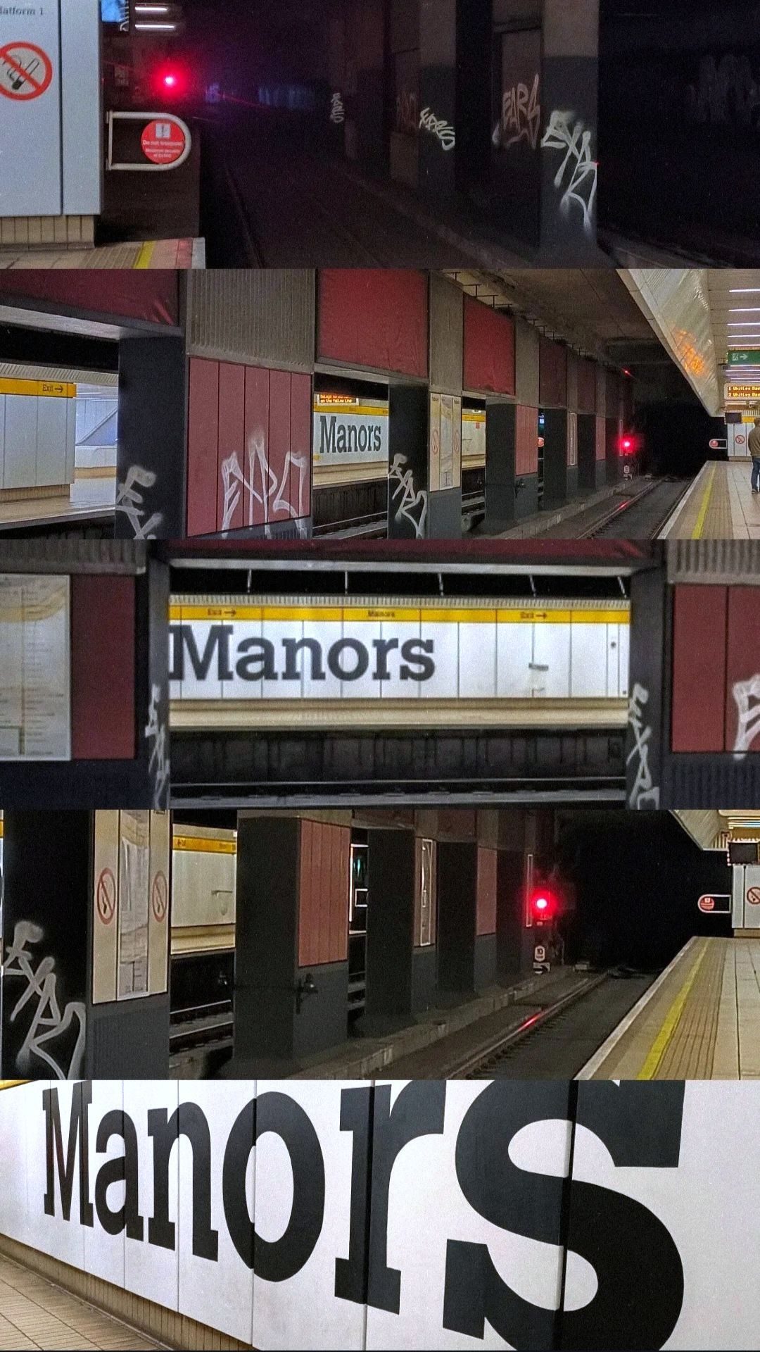 various views of Manors Metro station, showing the platform from different angles.