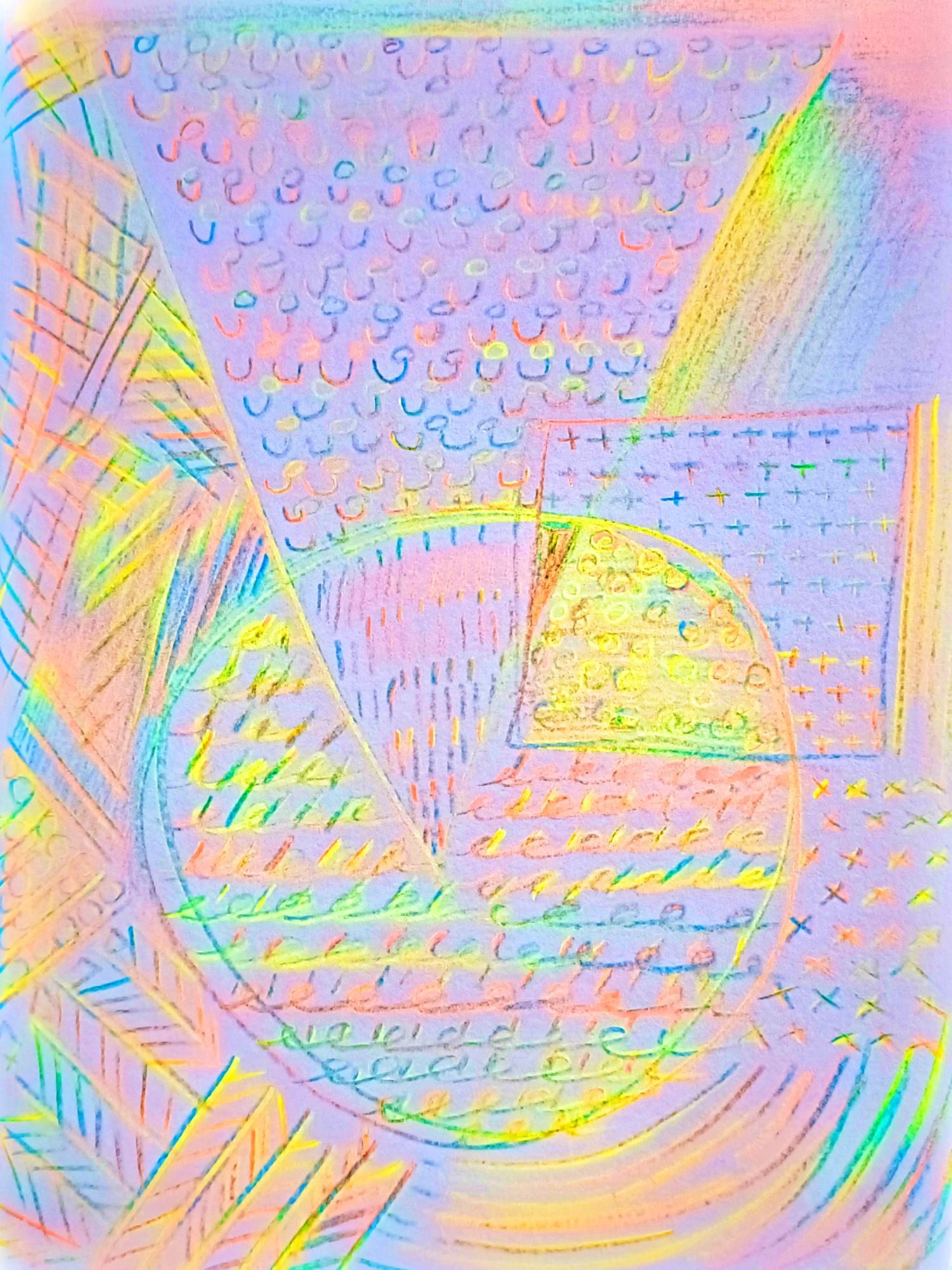 Multicoloured pencil mark making on paper, built around the main shapes of a triangle, square and circle.