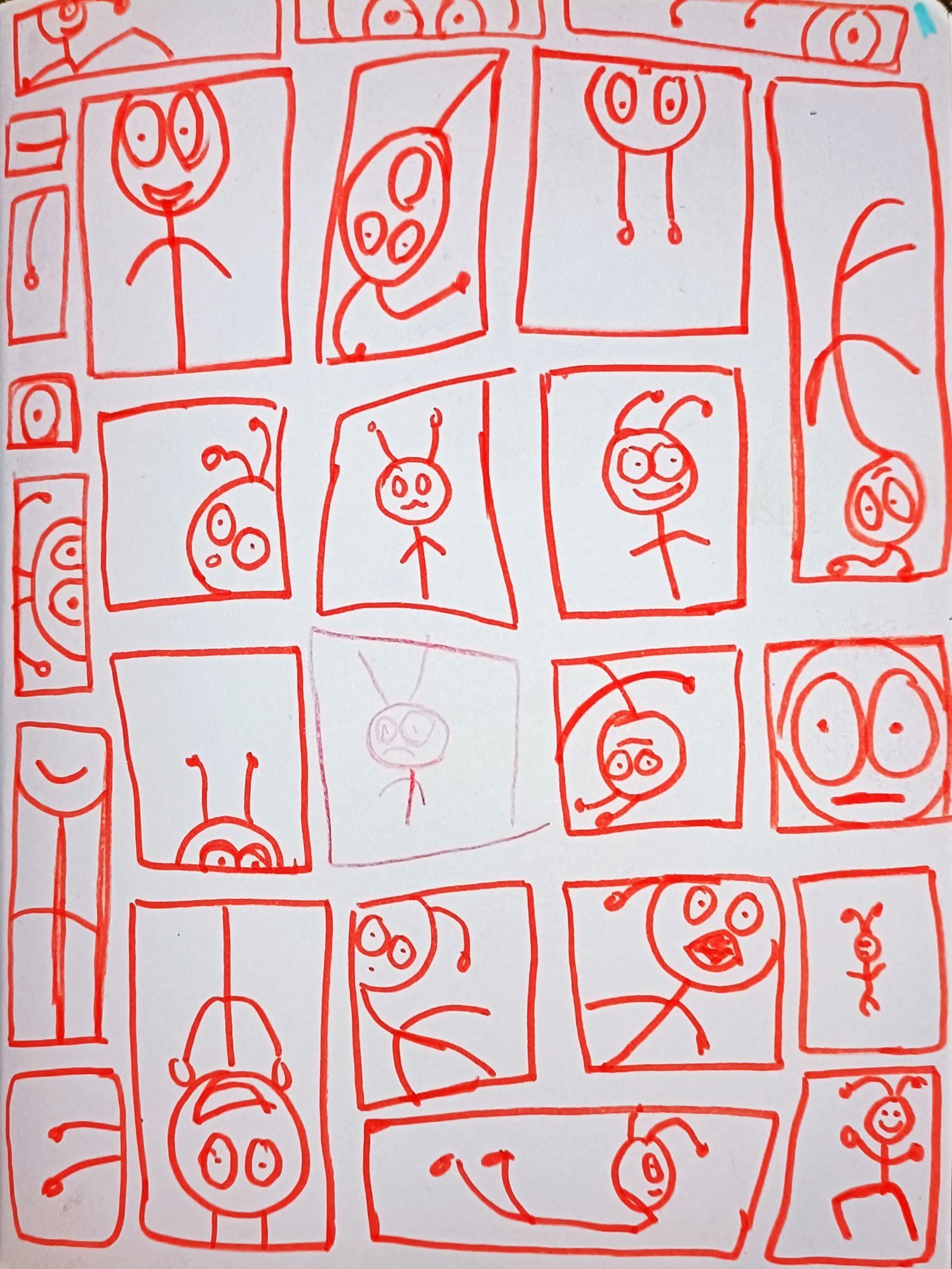 A series of stick people in a grid with different expressions and poses. The stick people have antennas.