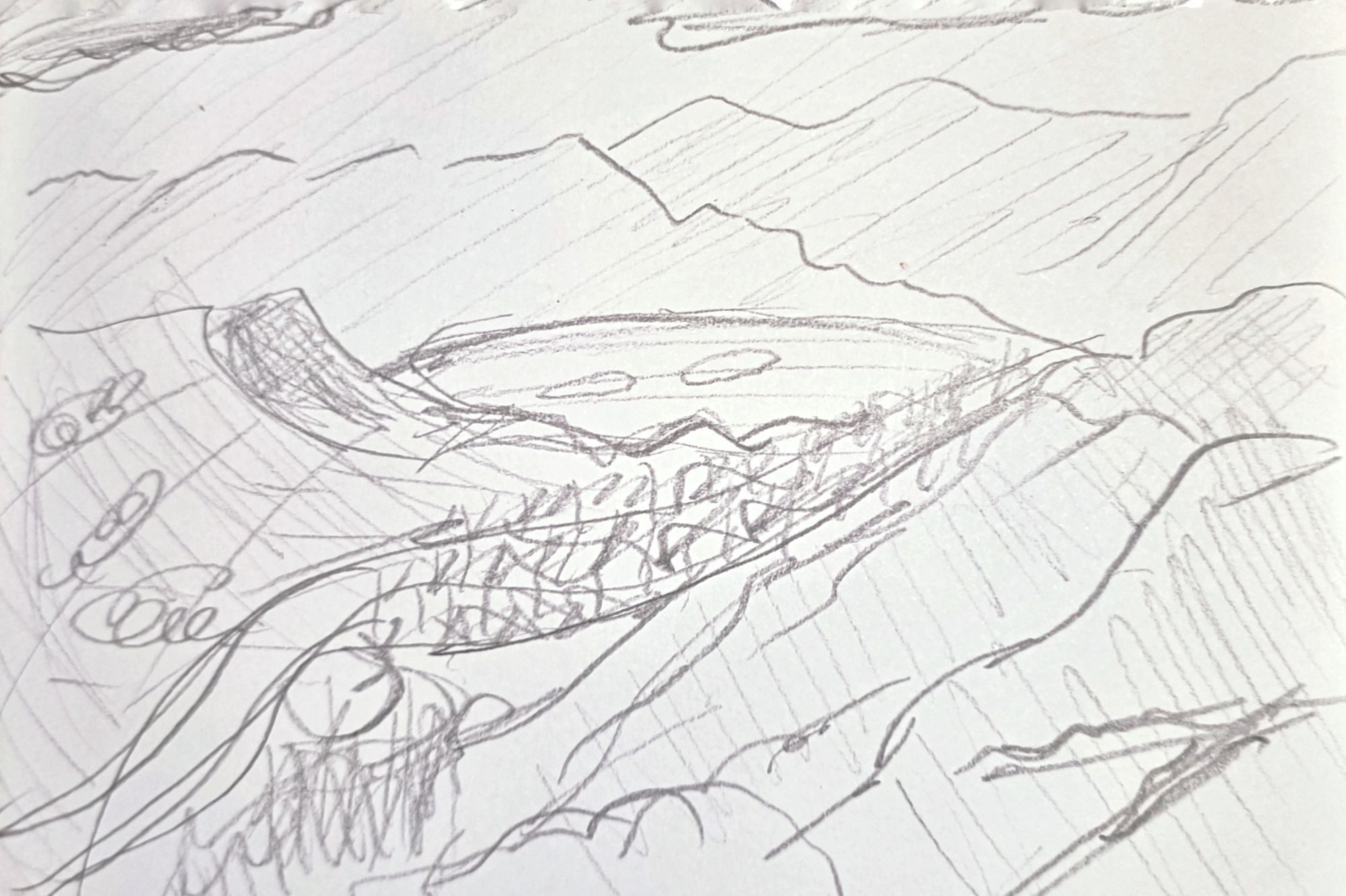 a pencil sketch of hills with a lake between them
