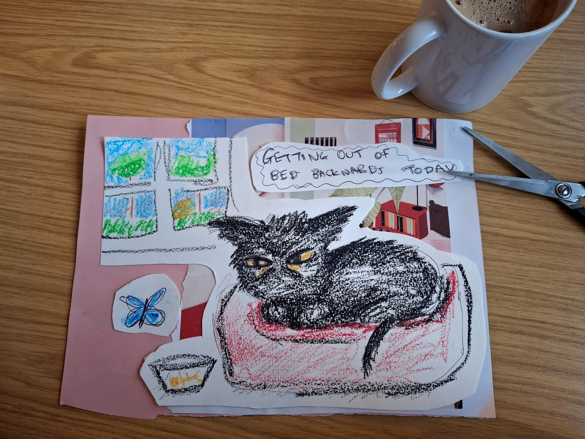 Collage piece featuring a disgruntled cat in bed