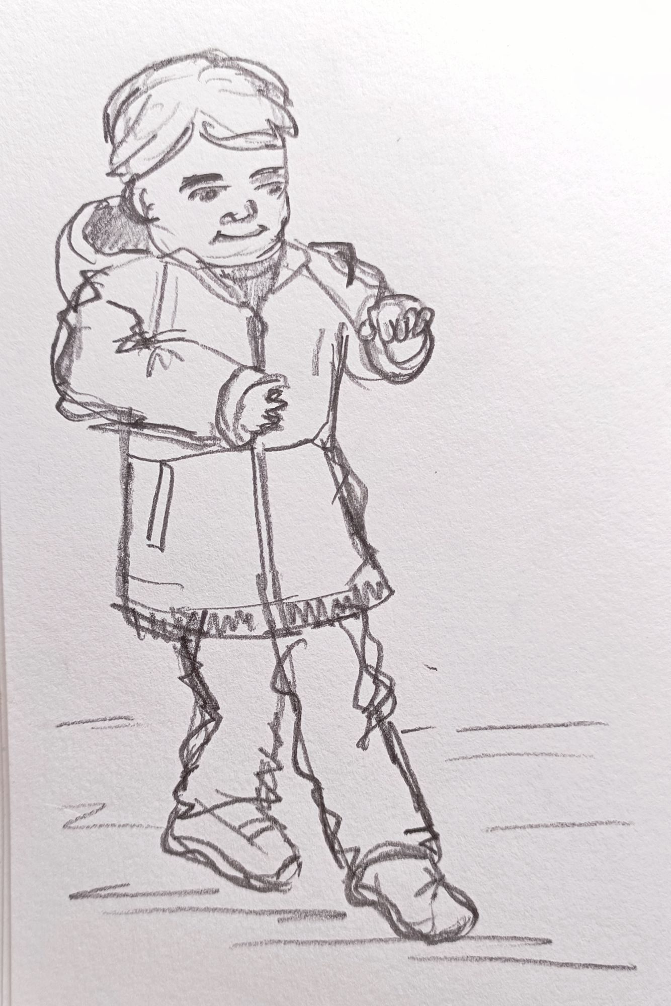 a pencil drawing of a child looking amused